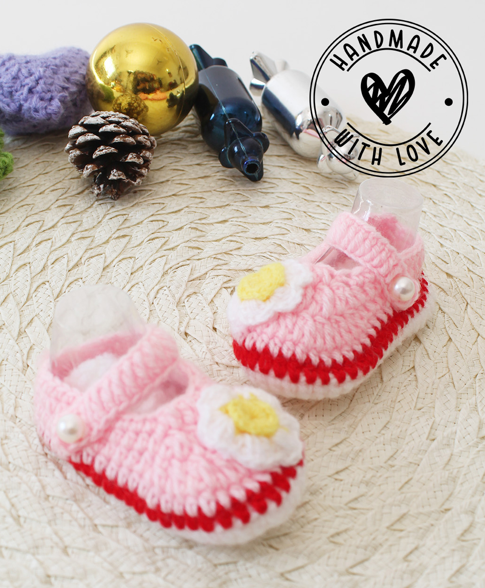 Woonie Floral Applique Detailed Handmade Crochet Booties - Pink-picture-22