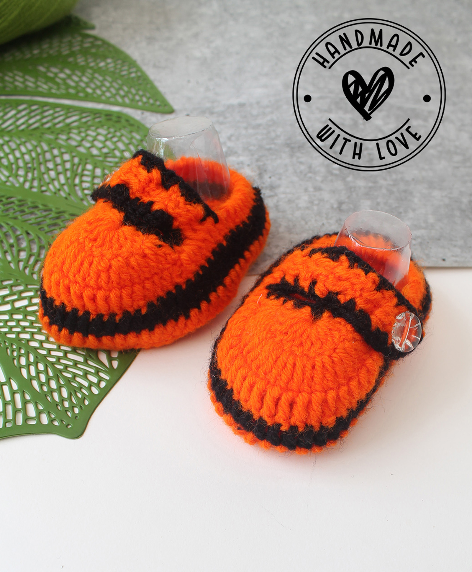 Woonie Colour Blocked Button Closure Handmade Crochet Booties - Orange-image-33