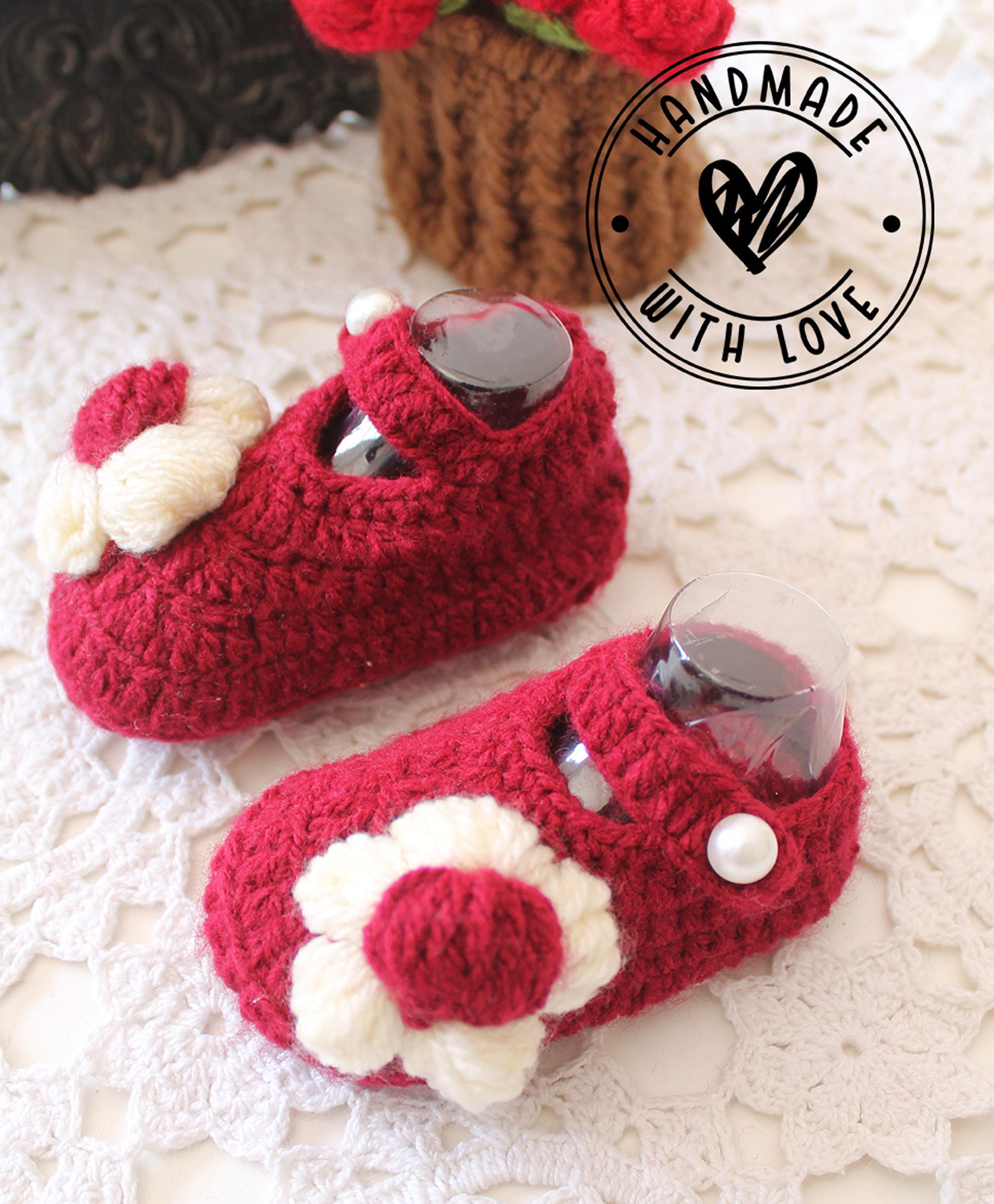 Woonie Floral Applique Detailed Handmade Booties - Maroon-image-41