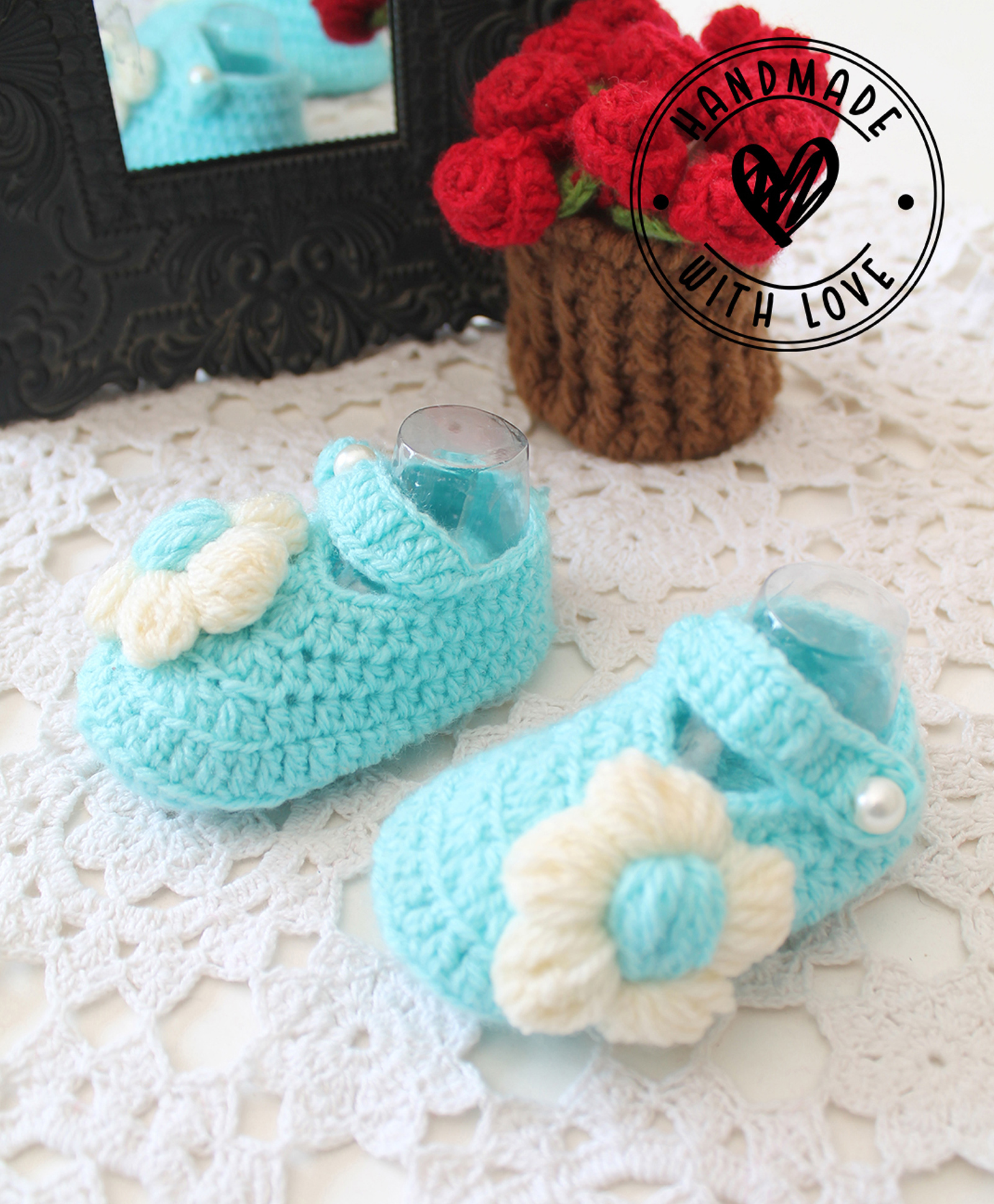 Woonie Floral Applique Detailed Handmade Booties - Sky Blue-image-19