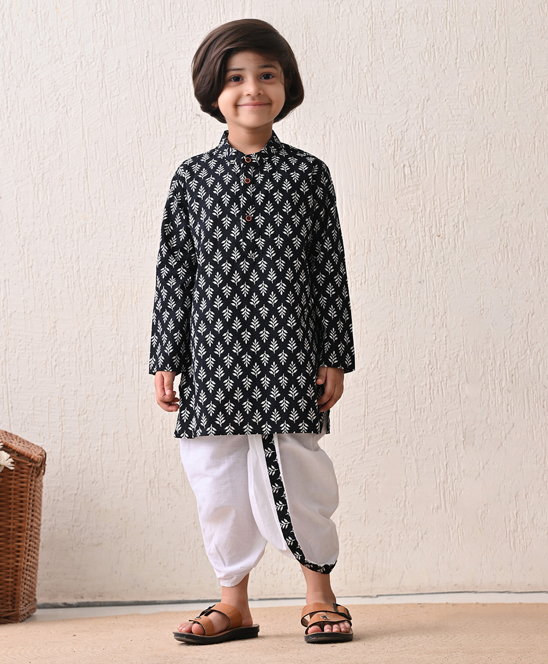 MoMaa Cotton Woven Full Sleeves Leaves Printed Dhoti Kurta Set - Black-image-36