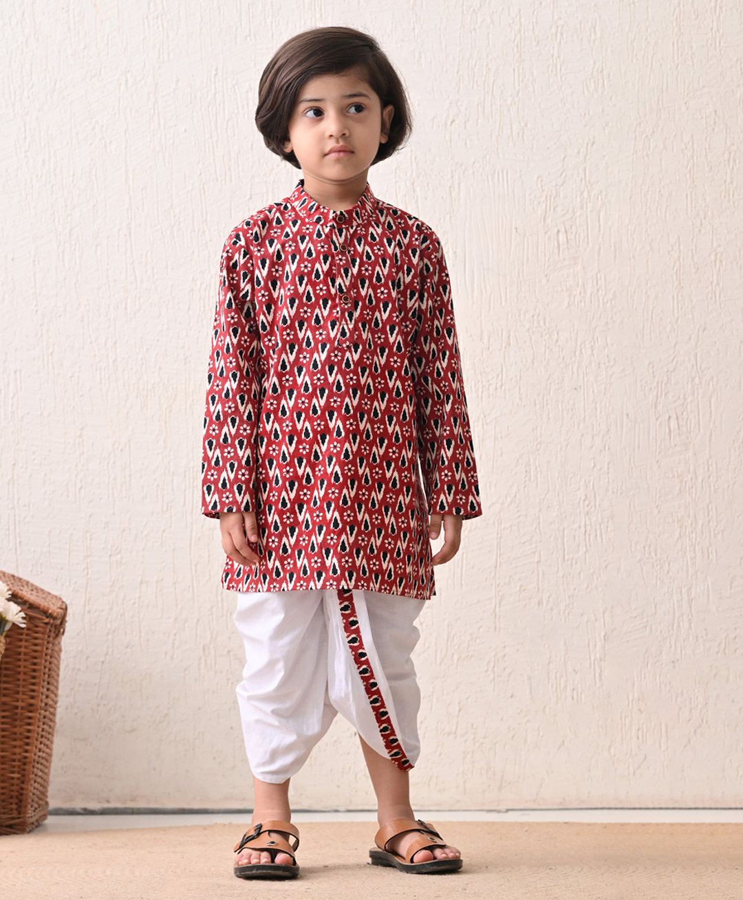MoMaa Cotton Woven Full Sleeves Ikkat & Floral Printed Dhoti Kurta Set - Maroon-image-4