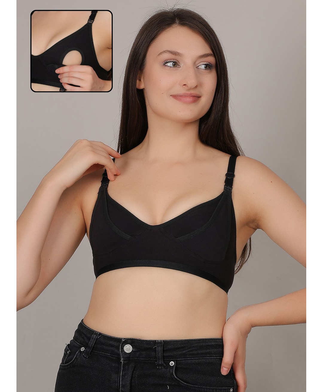 Fabme Cotton Knit Solid Non Padded Seamless Maternity Bra With Side Open Nursing Access - Black-image-22