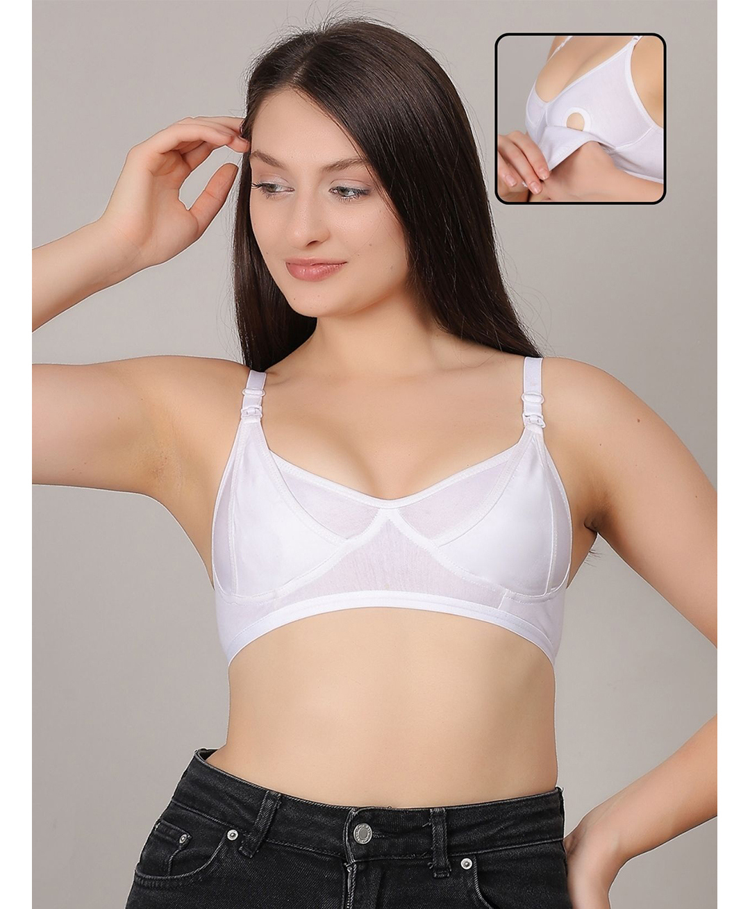 Fabme Cotton Knit Solid Non Padded Seamless Maternity Bra With Side Open Nursing Access - White-picture-36
