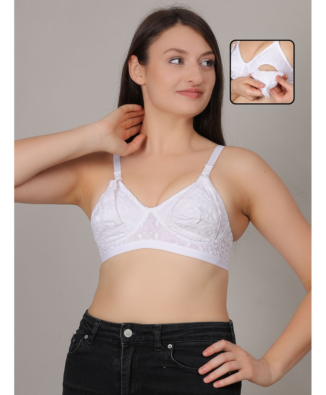 Fabme Cotton Knit Chikankari Embroidered Non Padded Seamless Maternity Bra With Side Open Nursing Access - White-image-14