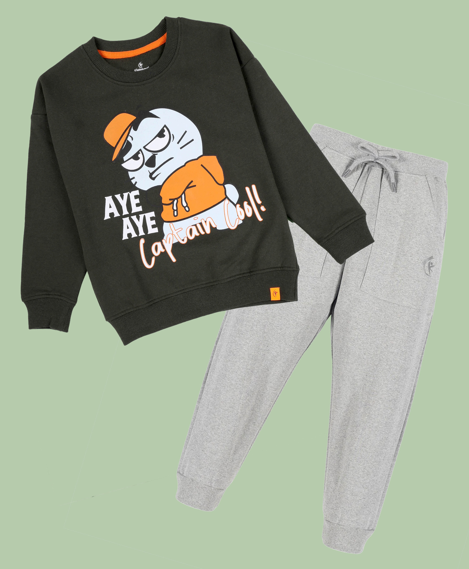 Kiddopanti Fleece Knit Full Sleeves Captain Cool Text Printed Light Winter Sweatshirt With Track Pants Set - Military Green & Grey Melange-picture-15