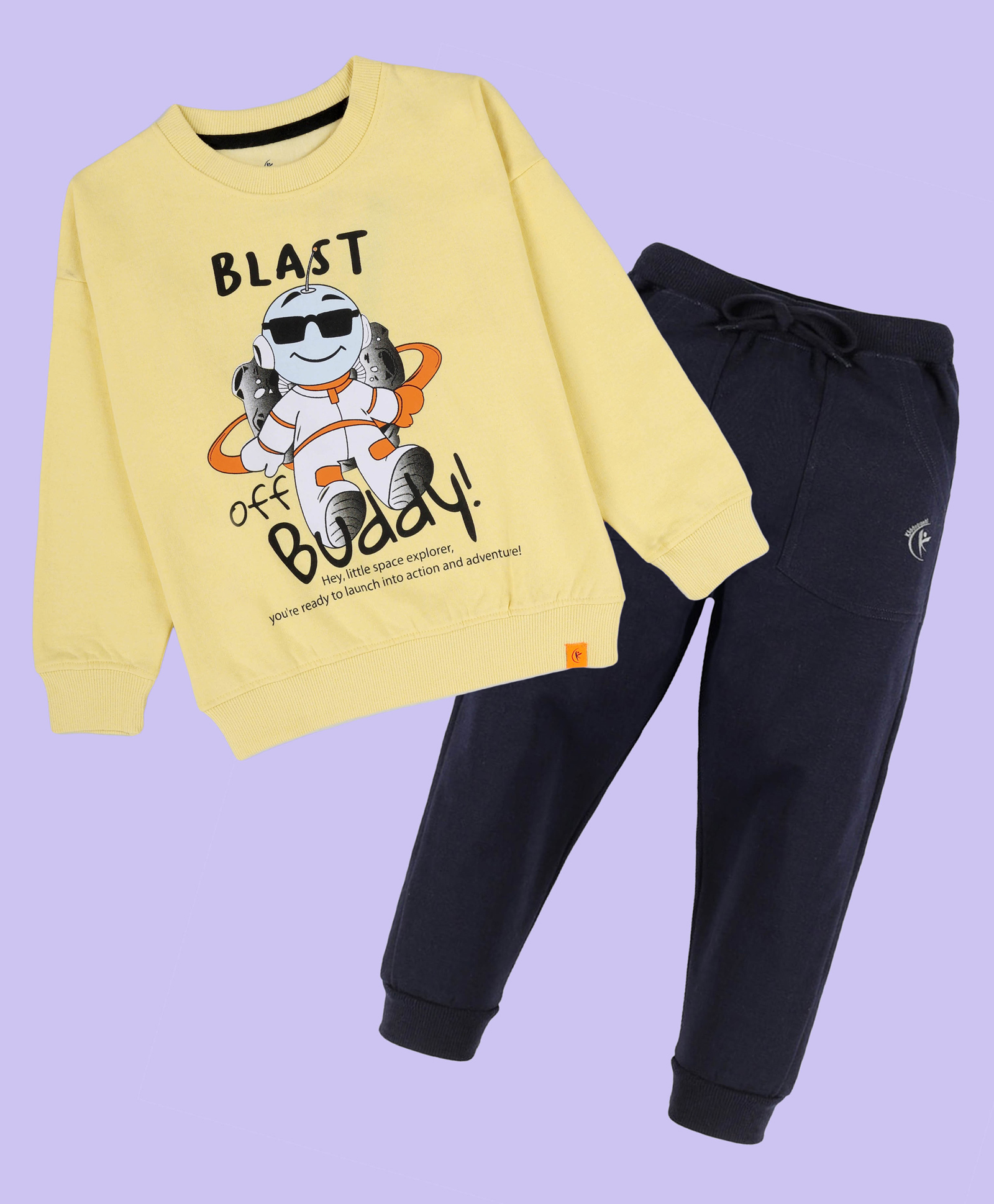 Kiddopanti Fleece Knit Full Sleeves Blast Off Buddy Text Printed Light Winter Sweatshirt & Track Pants Set - Yellow & Black-picture-11
