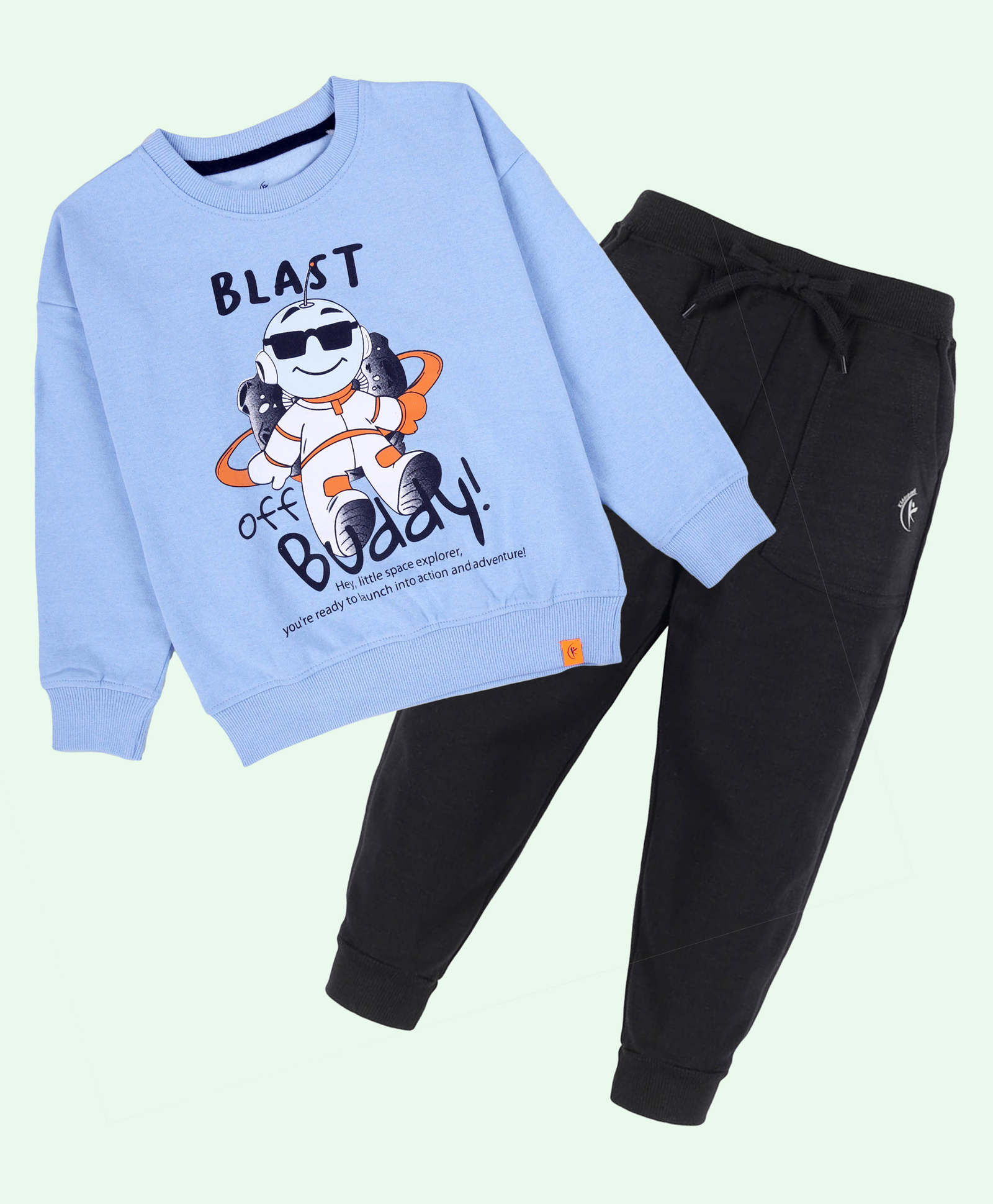 Kiddopanti Fleece Knit Full Sleeves Blast Off Buddy Text Printed Light Winter Sweatshirt With Track Pants Set - Sky Blue & Black-image-16