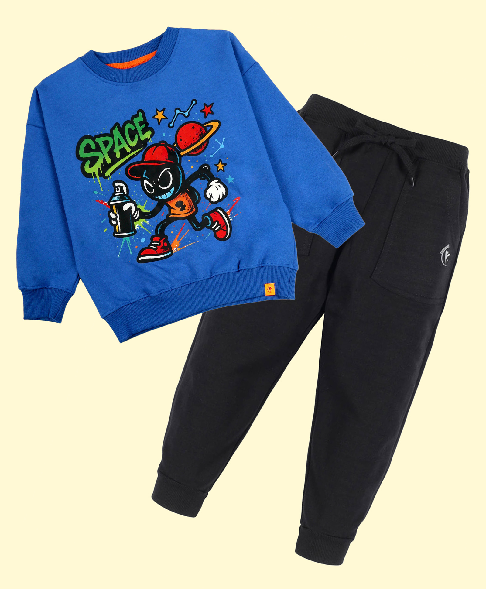 Kiddopanti Fleece Knit Full Sleeves Space Theme & Grafiti Art Printed Light Winter Sweatshirt With Track Pants Set - Royal Blue & Black-picture-35