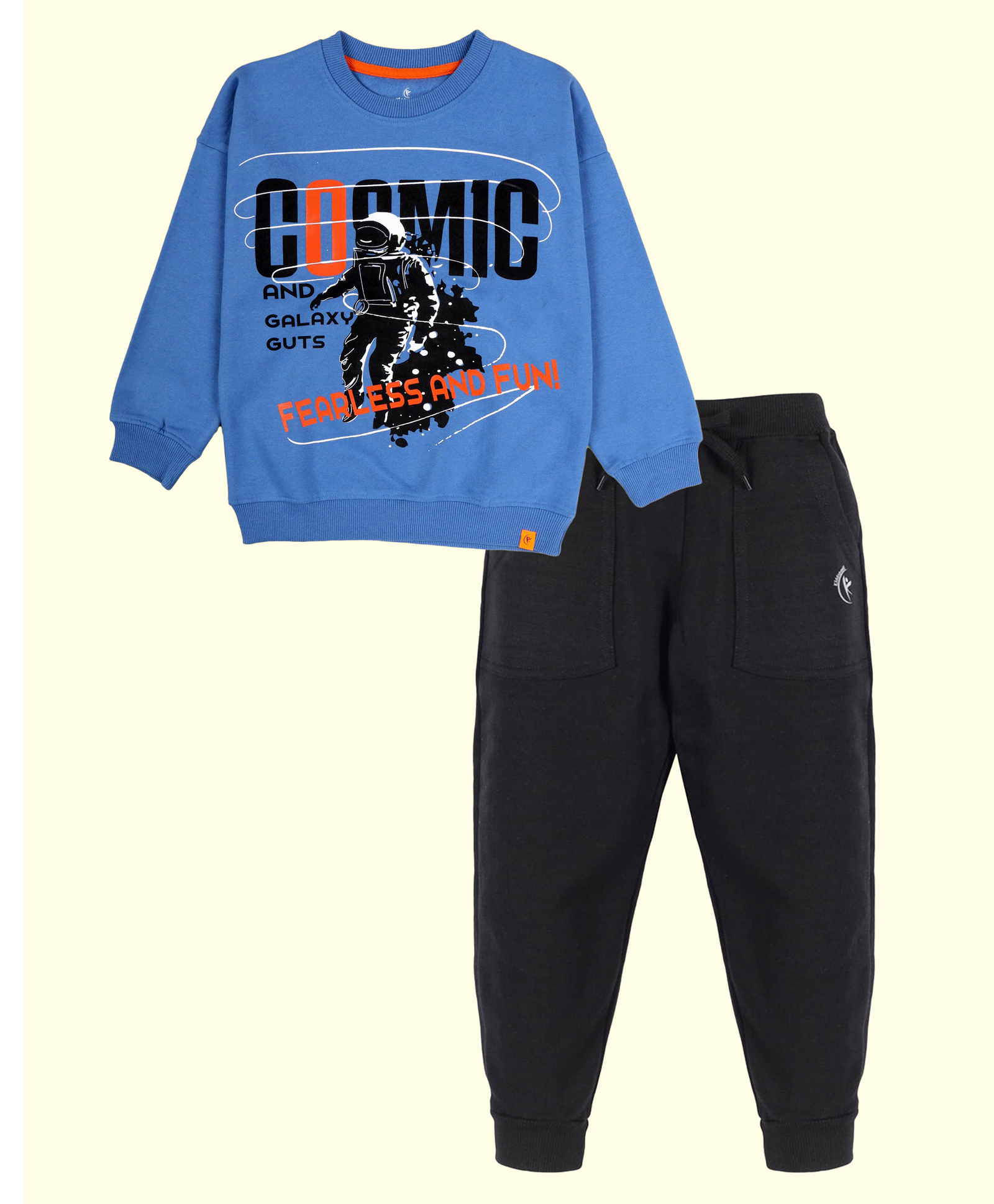 Kiddopanti Fleece Knit Full Sleeves Cosmic Text Printed Light Winter Sweatshirt With Track Pants Set - Blue & Black-image-9