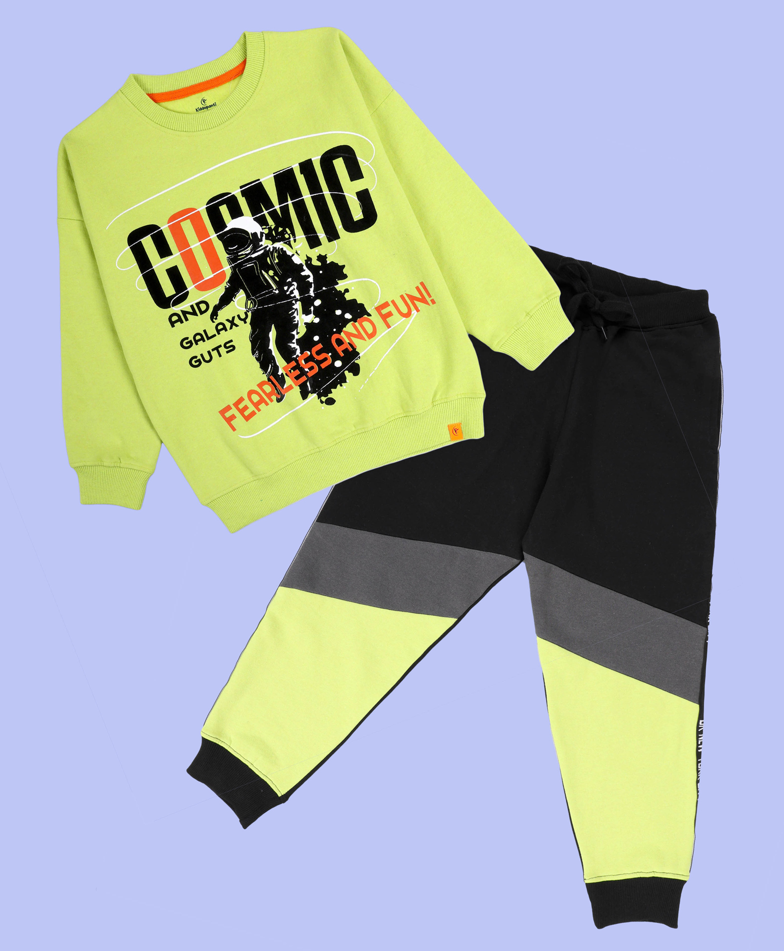 Kiddopanti Fleece Knit Full Sleeves Cosmic Text Printed Light Winter Sweatshirt With Track Pants Set - Neon Green & Black-image-46