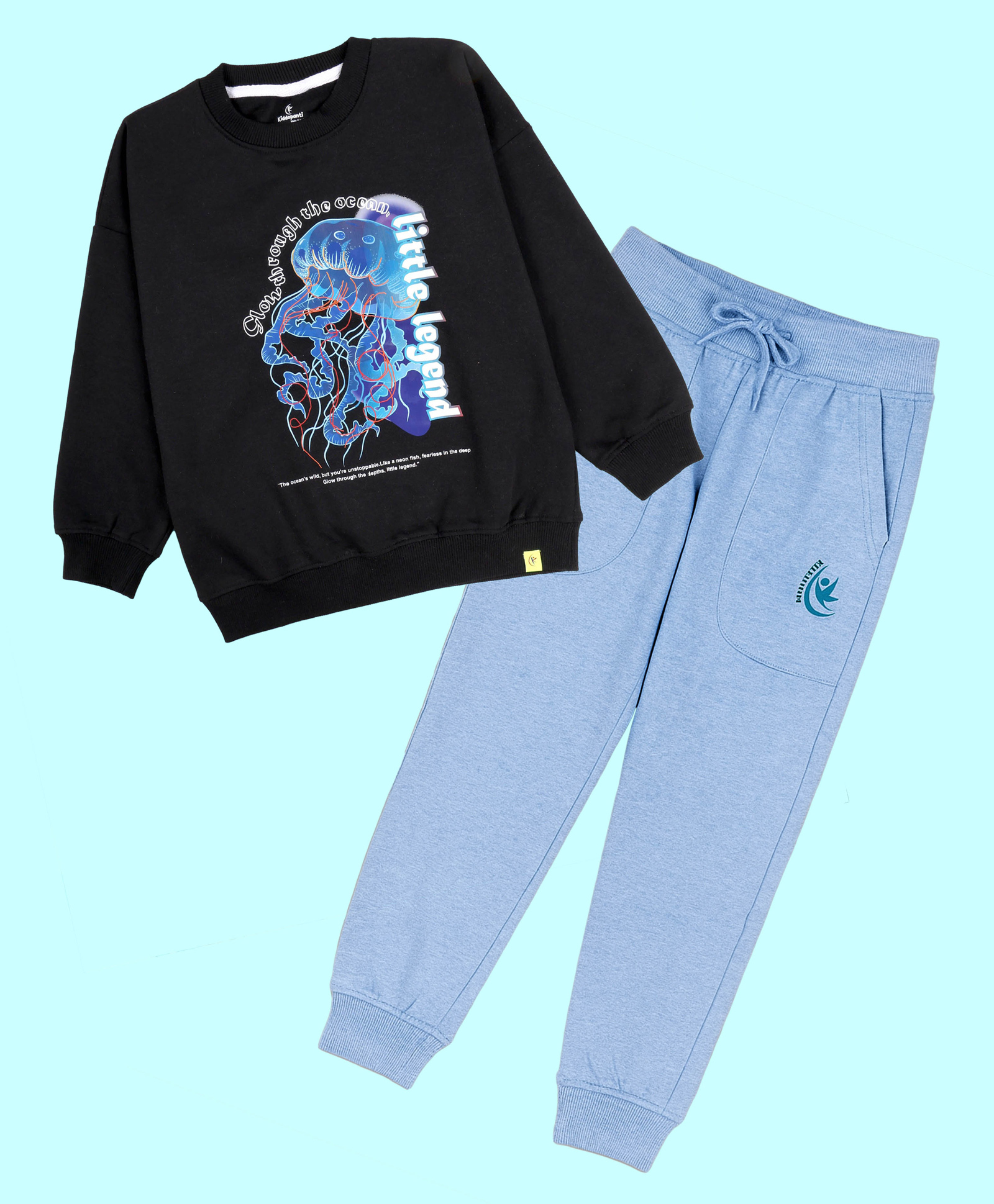 Kiddopanti Fleece Knit Full Sleeves Jelly Fish Printed Light Winter Sweatshirt With Track Pants Set - Black & Blue-image-44