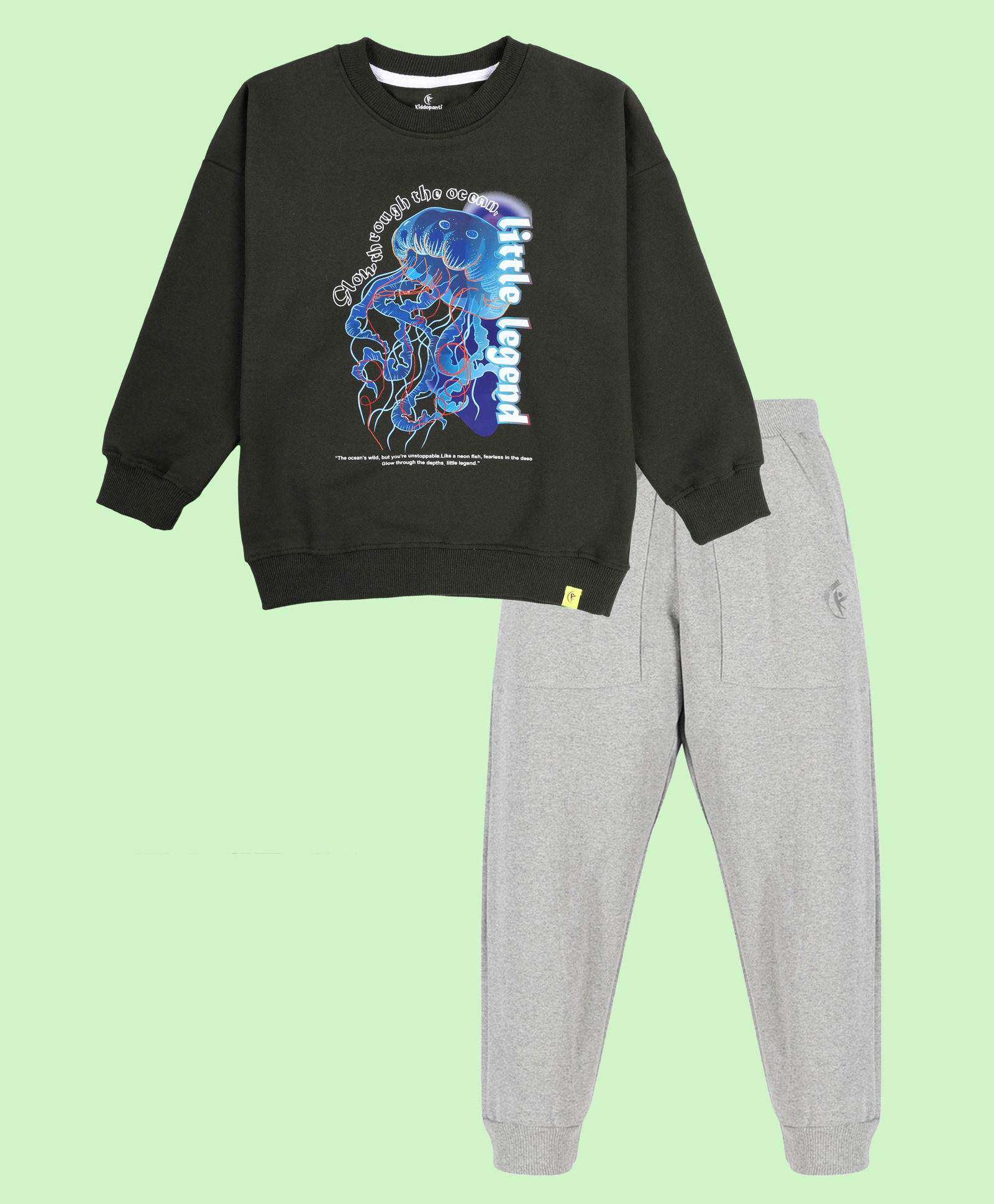 Kiddopanti Fleece Knit Full Sleeves Jelly Fish Printed Light Winter Sweatshirt With Track Pants Set - Green & Grey-image-45