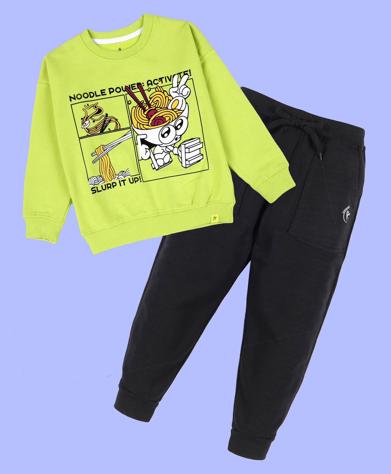Kiddopanti Fleece Knit Full Sleeves Noodle Power Text Printed Light Winter Sweatshirt With Track Pants Set - Neon Green & Black-picture-17