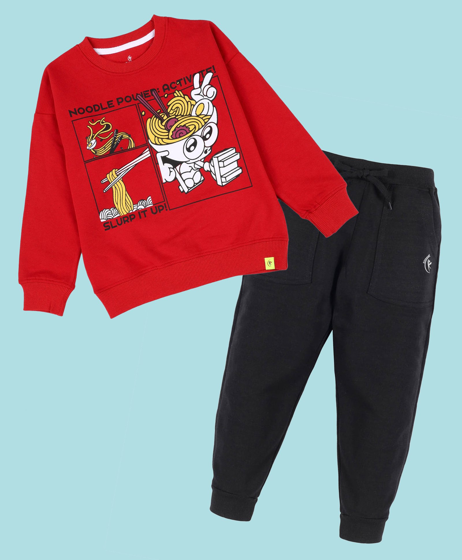 Kiddopanti Fleece Knit Full Sleeves Noodle Power Text Printed Light Winter Sweatshirt With Track Pants Set - Red & Black-image-49