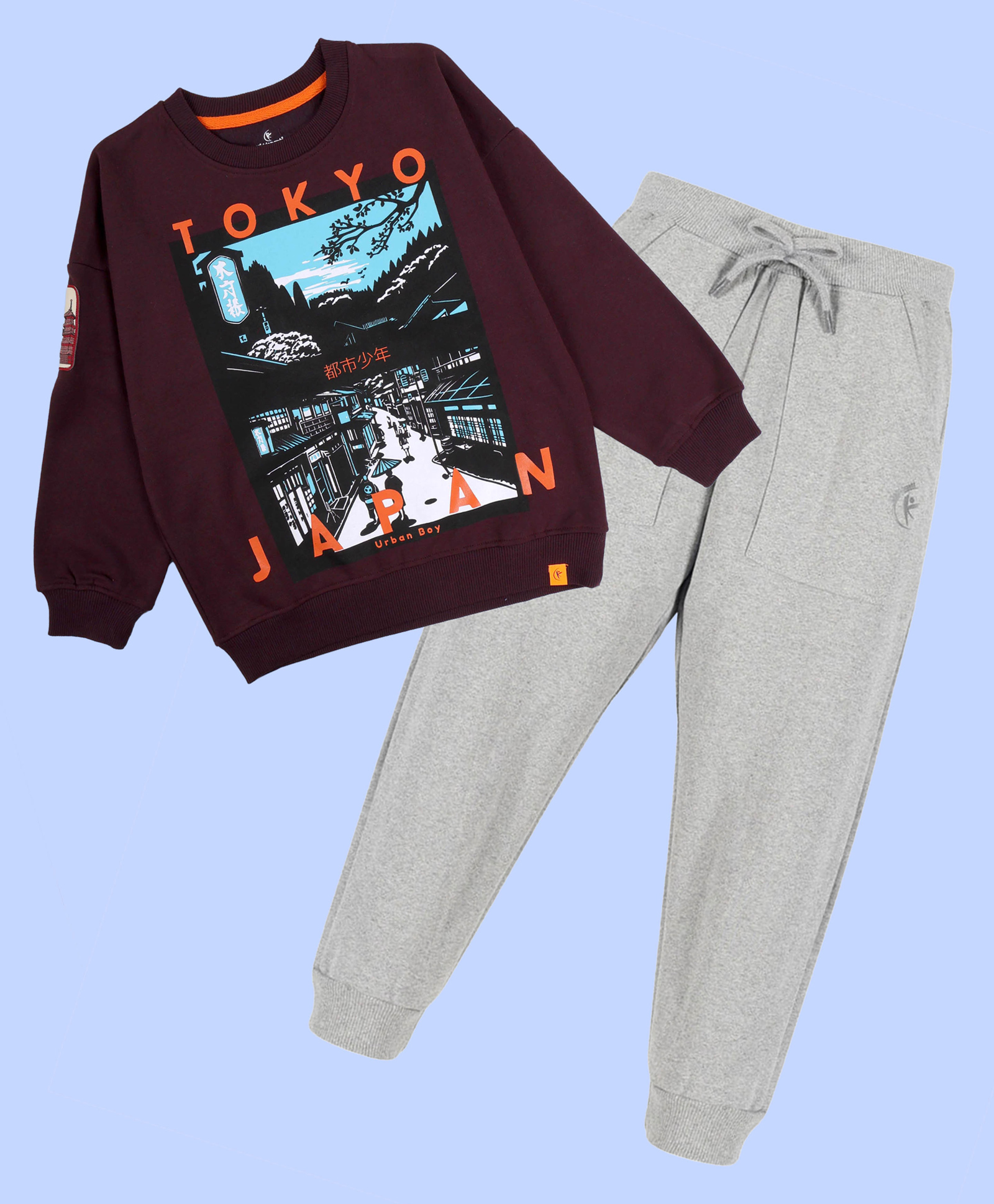 Kiddopanti Fleece Knit Full Sleeves Tokyo Japan City Printed Light Winter Sweatshirt With Track Pants Set - Wine & Grey Melange-image-47
