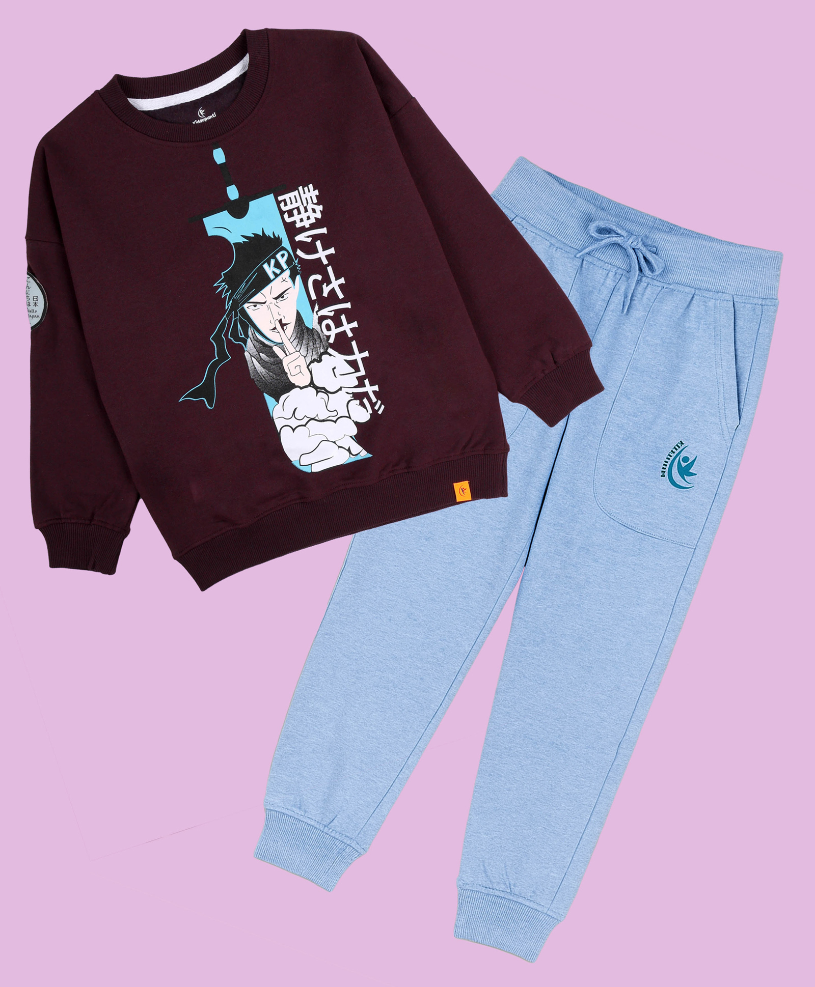 Kiddopanti Fleece Knit Full Sleeves Cartoon Printed Light Winter Sweatshirt & Track Pants Set - Wine & Blue-picture-14