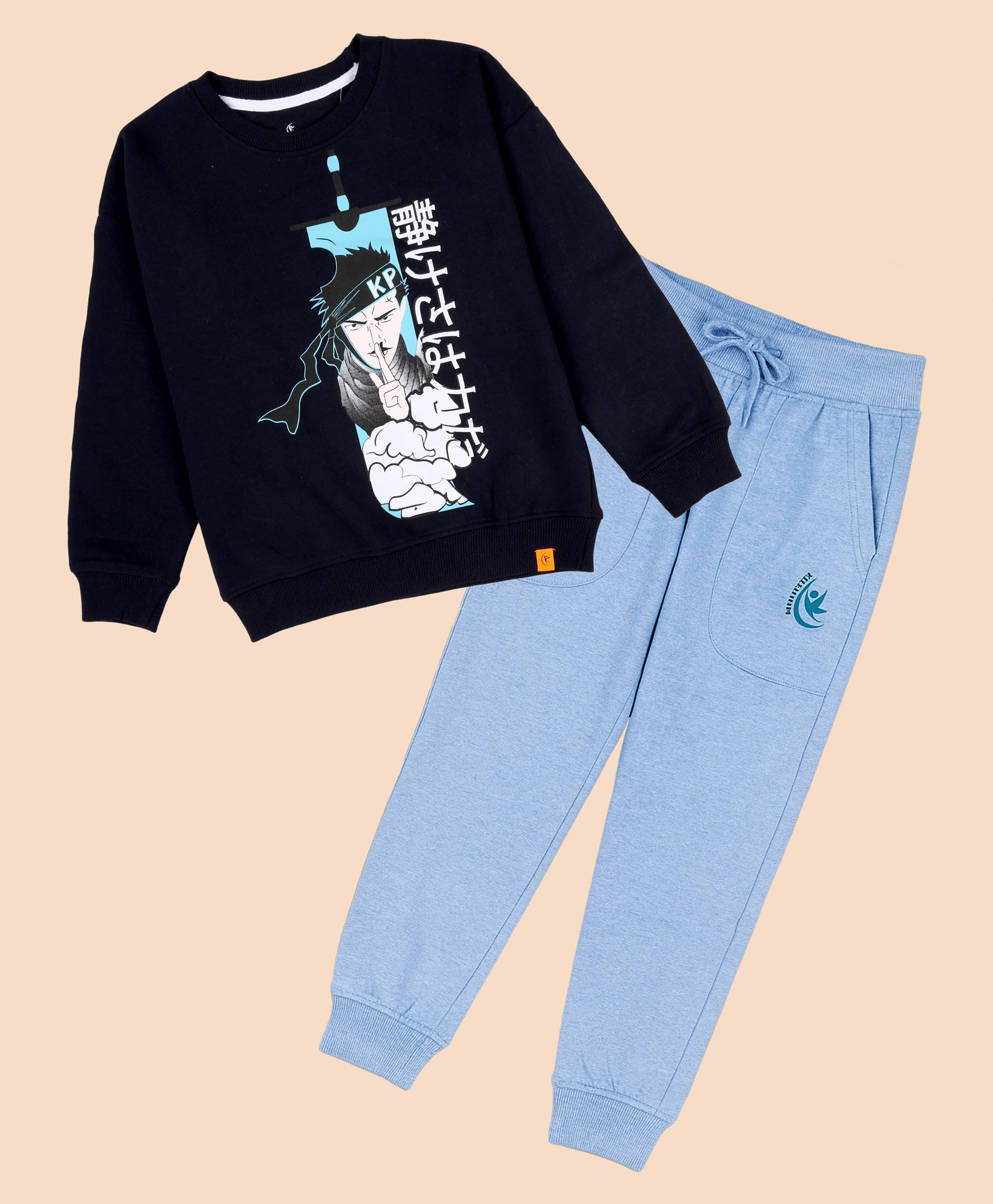 Kiddopanti Fleece Knit Full Sleeves Cartoon Printed Light Winter Sweatshirt & Track Pants Set - Blue & Navy Blue-image-6