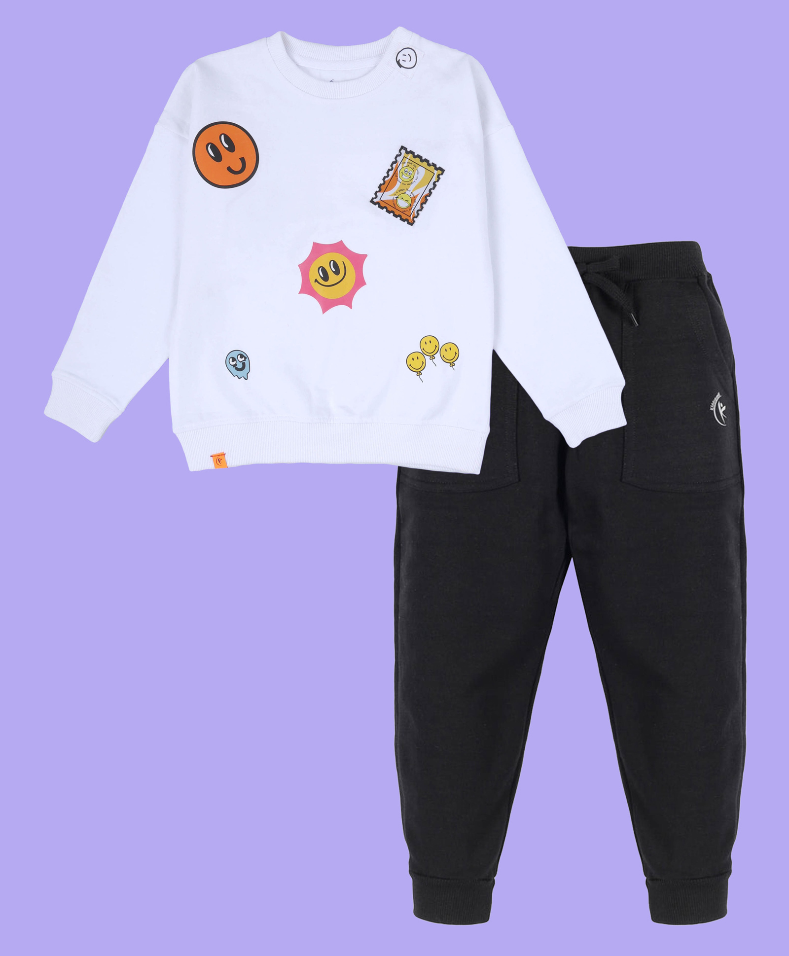Kiddopanti Fleece Knit Full Sleeves Smiley Face & Sun Printed Light Winter Sweatshirt With Track Pants Set - White & Black-picture-12