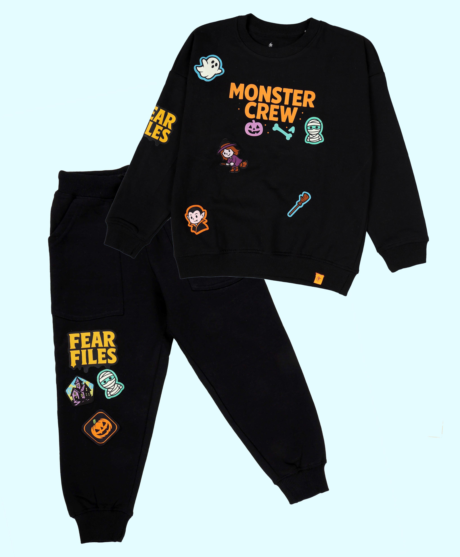 Kiddopanti Fleece Knit Halloween Theme Full Sleeves Pumpkin Ghost & Witch Printed Light Winter Sweatshirt With Track Pants Set - Black-image-21
