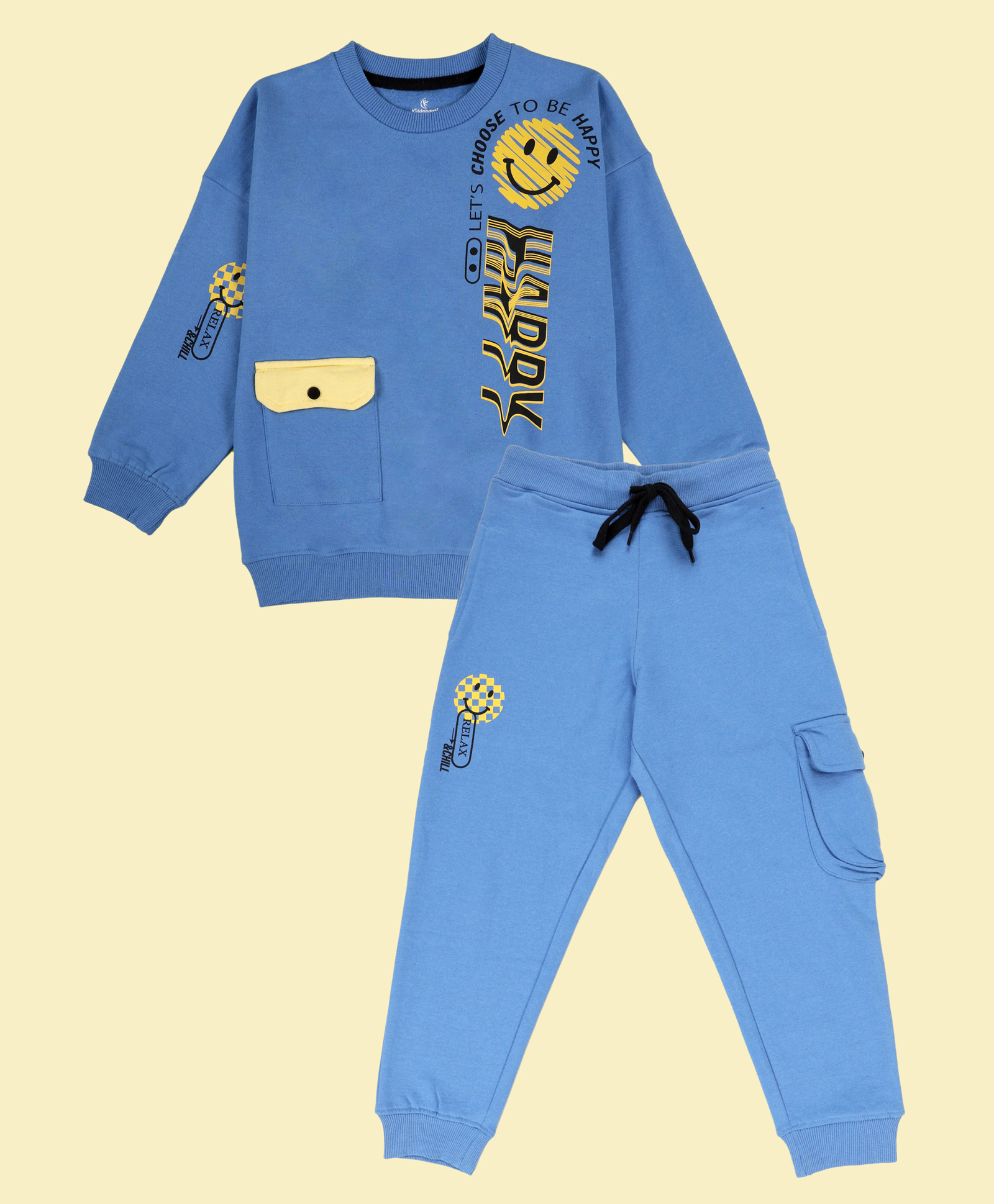 Kiddopanti Fleece Knit Full Sleeves Smiley Face & Happy Text Printed Light Winter Sweatshirt With Track Pants Set - Blue-image-18