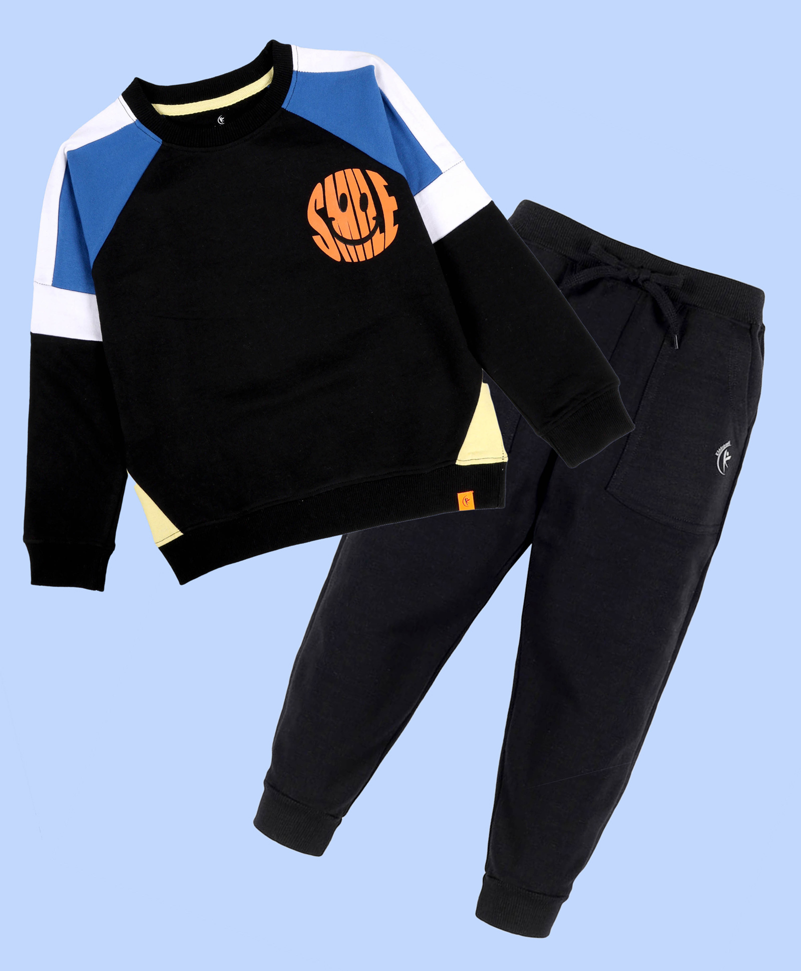 Kiddopanti Fleece Knit Full Raglan Sleeves Cut & Sew Smiley Printed Light Winter Sweatshirt Joggers Set - Black & Black-picture-17