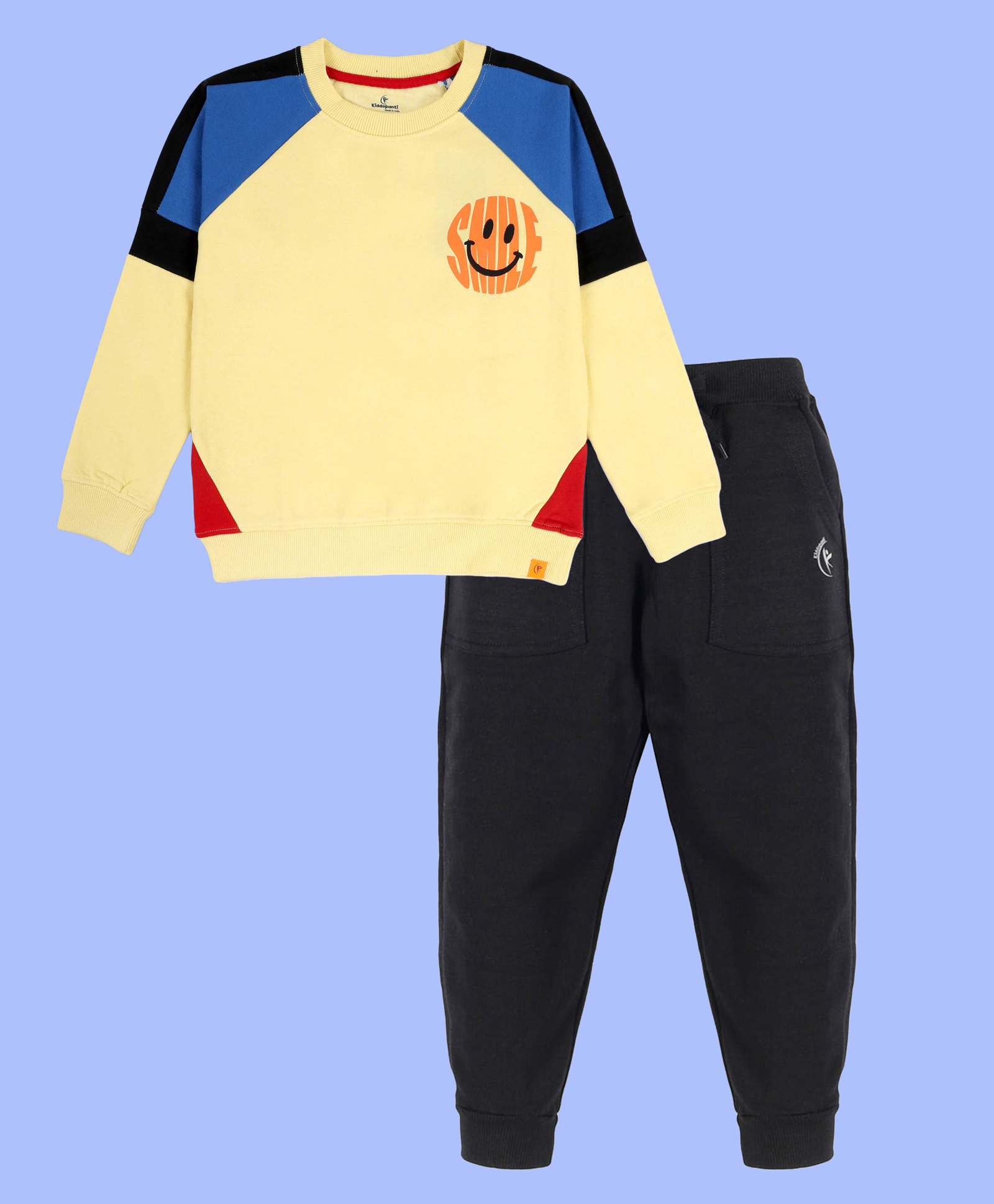 Kiddopanti Fleece Knit Full Raglan Sleeves Cut & Sew Smiley Printed Light Winter Sweatshirt Joggers Set - Yellow & Black-picture-25