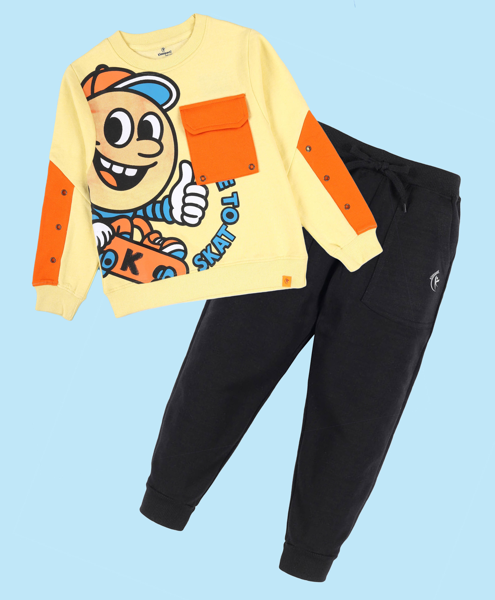 Kiddopanti Fleece Knit Full Sleeves Skater Printed Light Winter Sweatshirt Joggers Set - Yellow & Orange & Black-image-3