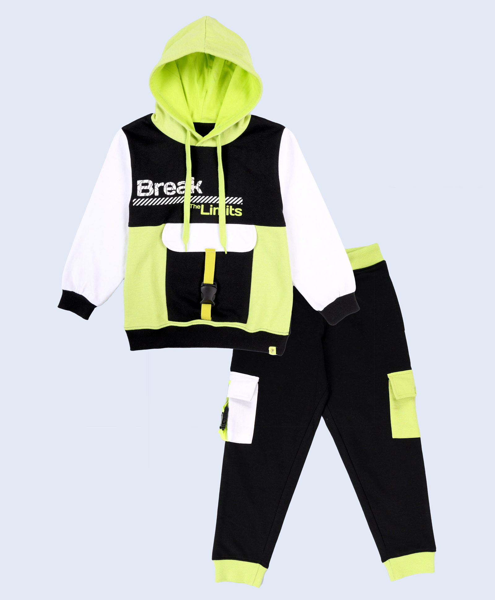 Kiddopanti Fleece Knit Full Sleeves Break Limits Text Printed Hooded Light Winter Sweatshirt & Track Pant Set - Black & Neon Green-image-5