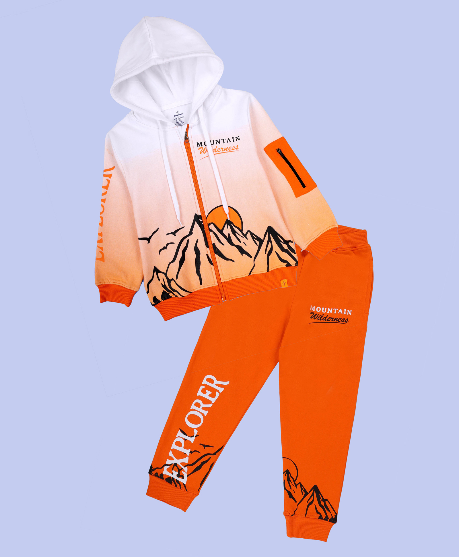 Kiddopanti Fleece Knit Full Sleeves Mountains Printed Light Winter Hooded Sweatshirt With Track Pants Set - White & Orange-picture-22