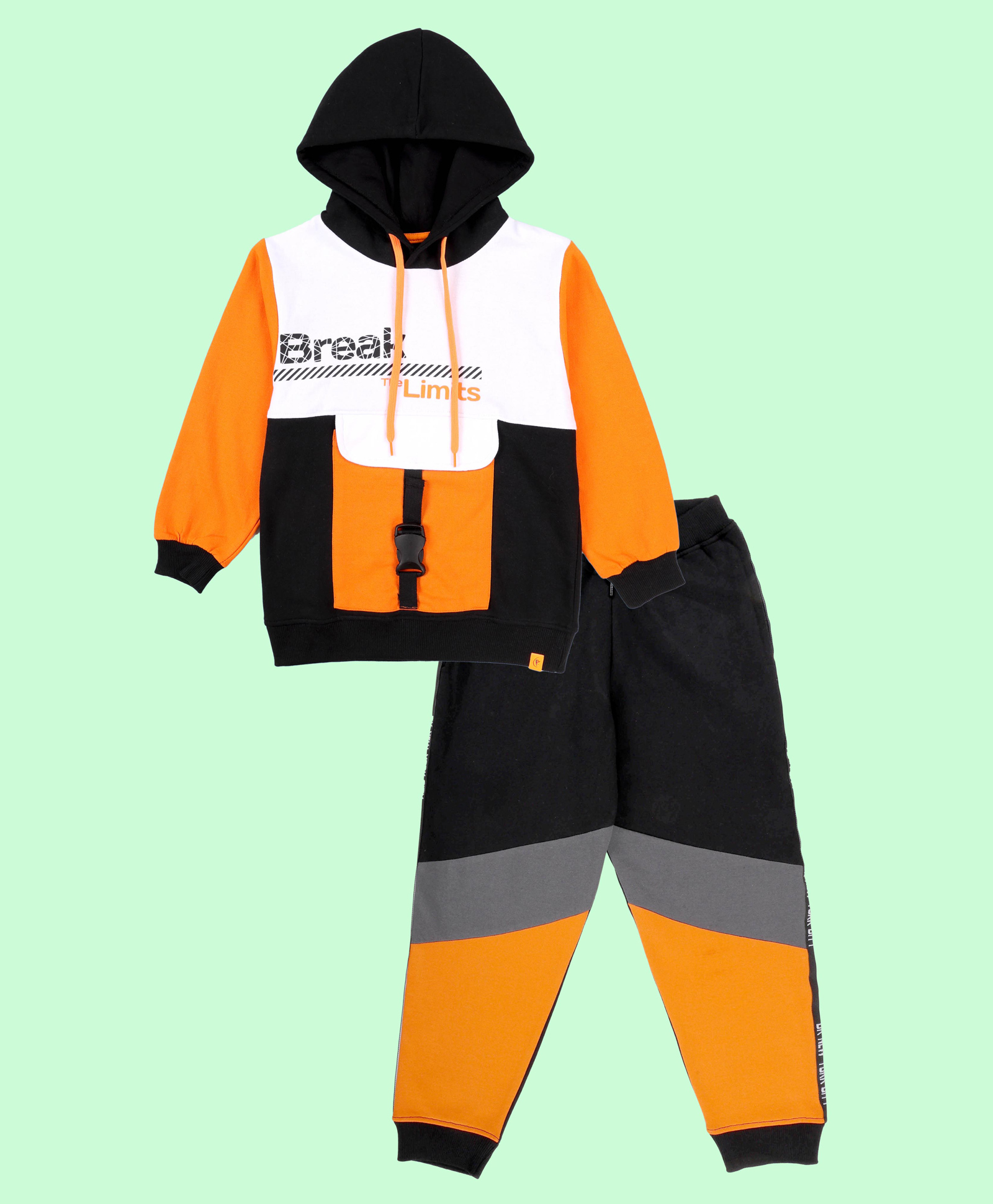 Kiddopanti Fleece Knit Full Sleeves Break Limits Text Printed Hooded Light Winter Sweatshirt & Track Pant Set - White Orange Black & Neon Orange-picture-22