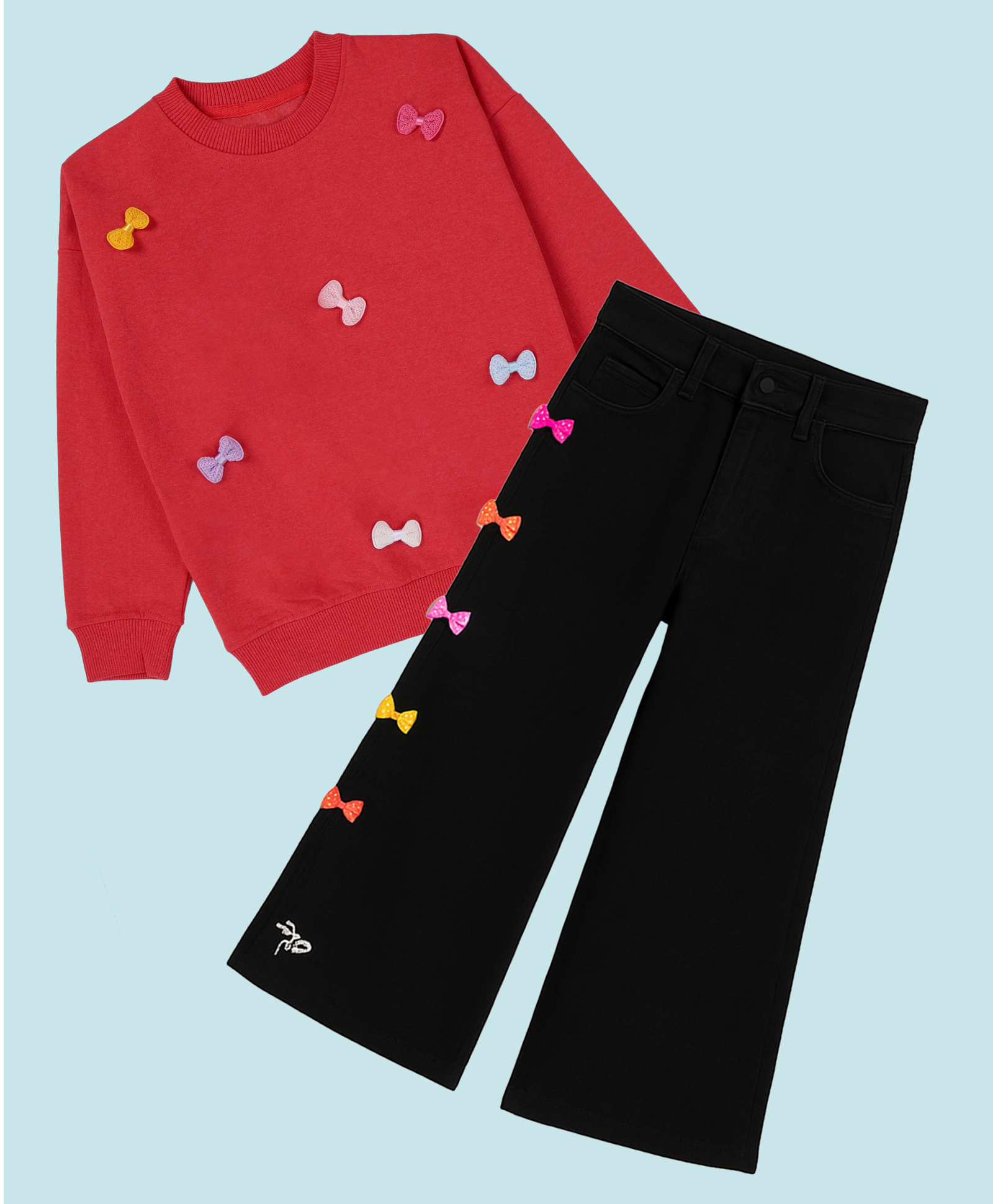 Kiddopanti Fleece Knit Full Sleeves Bow Applique Detailed Light Winter Sweatshirt & Flared Jeans Set - Coral & Black-image-9