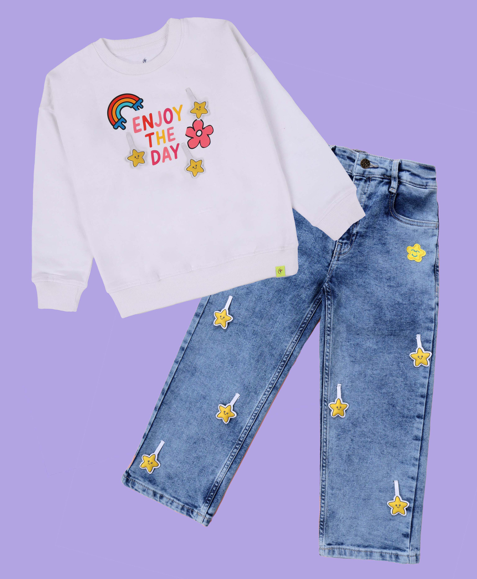 Kiddopanti Fleece Knit Full Sleeves Enjoy The Day Text Printed Light Winter Sweatshirt & Jeans Set - White & Light Blue-image-11