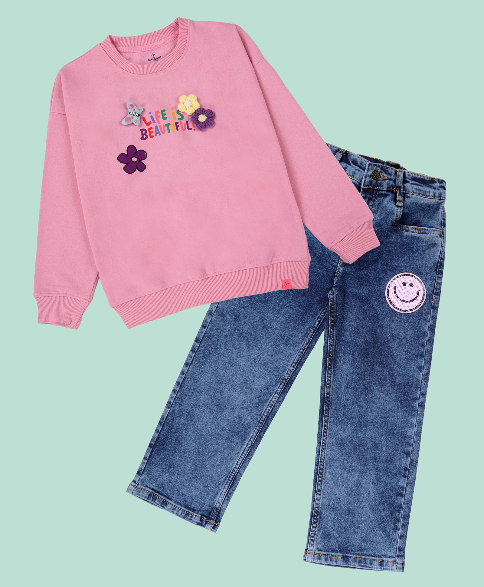 Kiddopanti Fleece Knit Full Sleeves Life Is Beautiful Text Printed & Floral Applique Detailed Light Winter Sweatshirt & Jeans Set - Baby Pink & Blue-picture-17