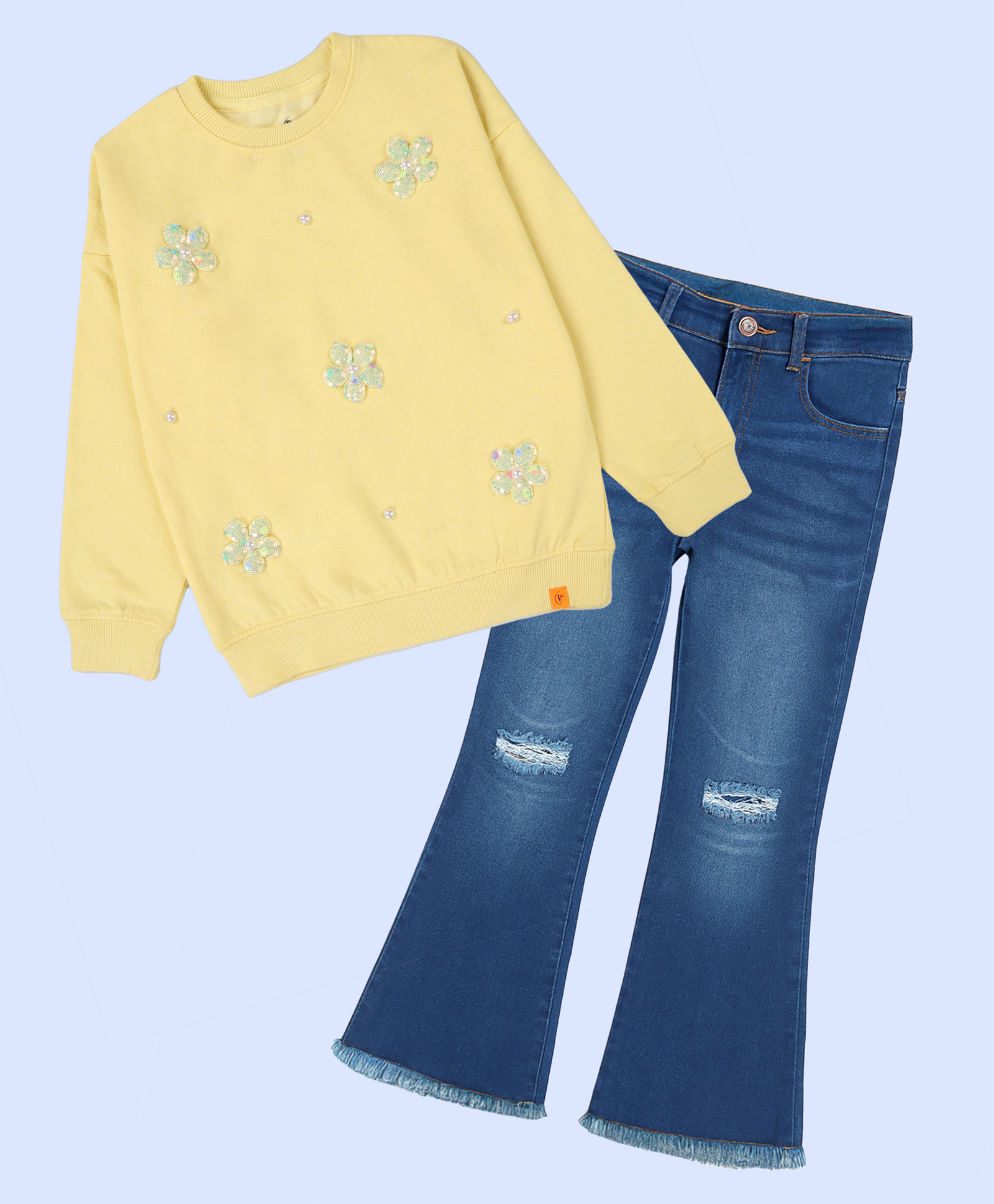 Kiddopanti Fleece Knit Full Sleeves Floral Applique Detailed & Sequins Embellished Light Winter Sweatshirt & Distressed Jeans Set - Yellow & Dark Blue-image-48