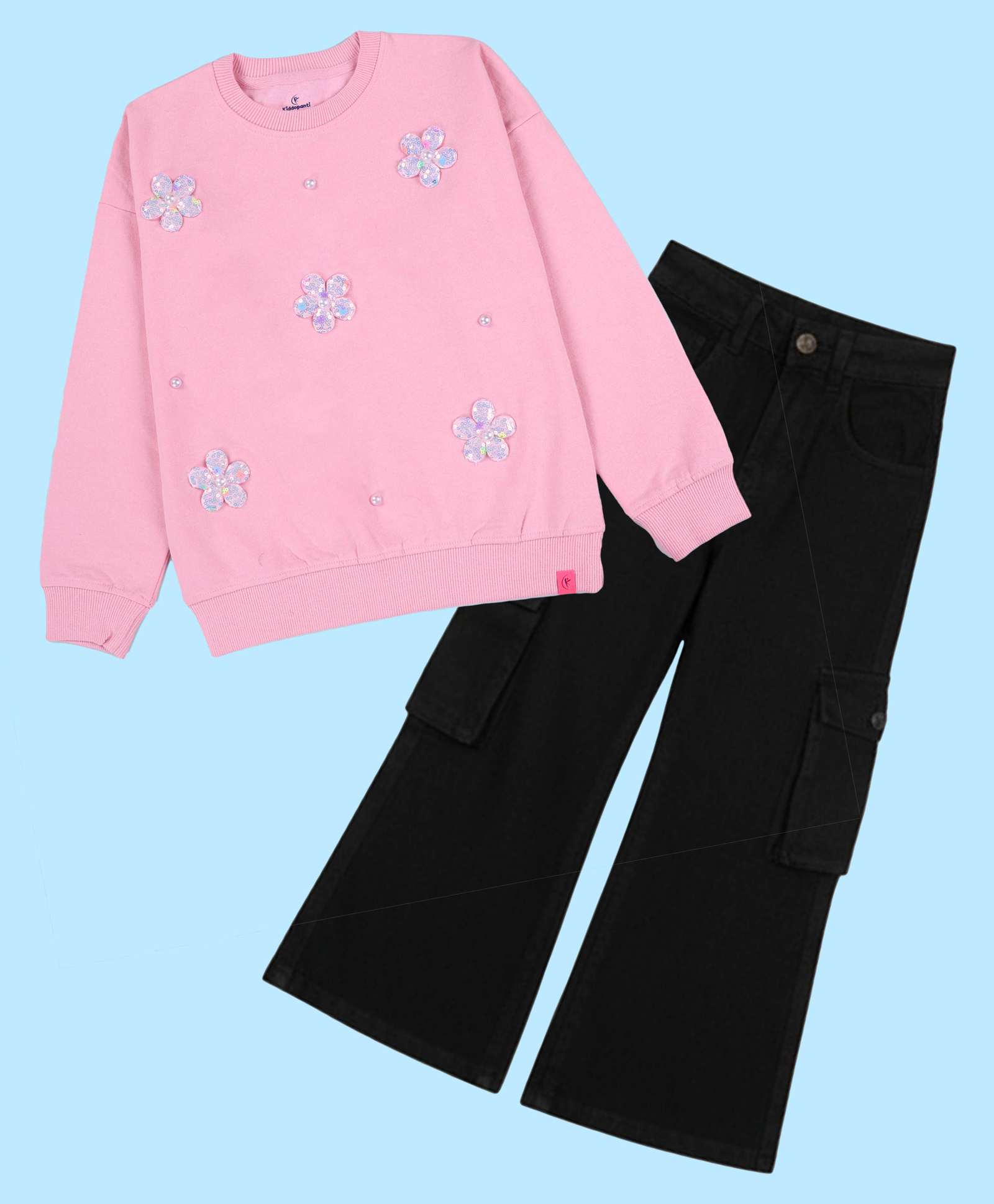 Kiddopanti Fleece Knit Full Sleeves Floral Applique Detailed & Sequins Embellished Light Winter Sweatshirt & Cargo Jeans Set - Peach & Black-image-35