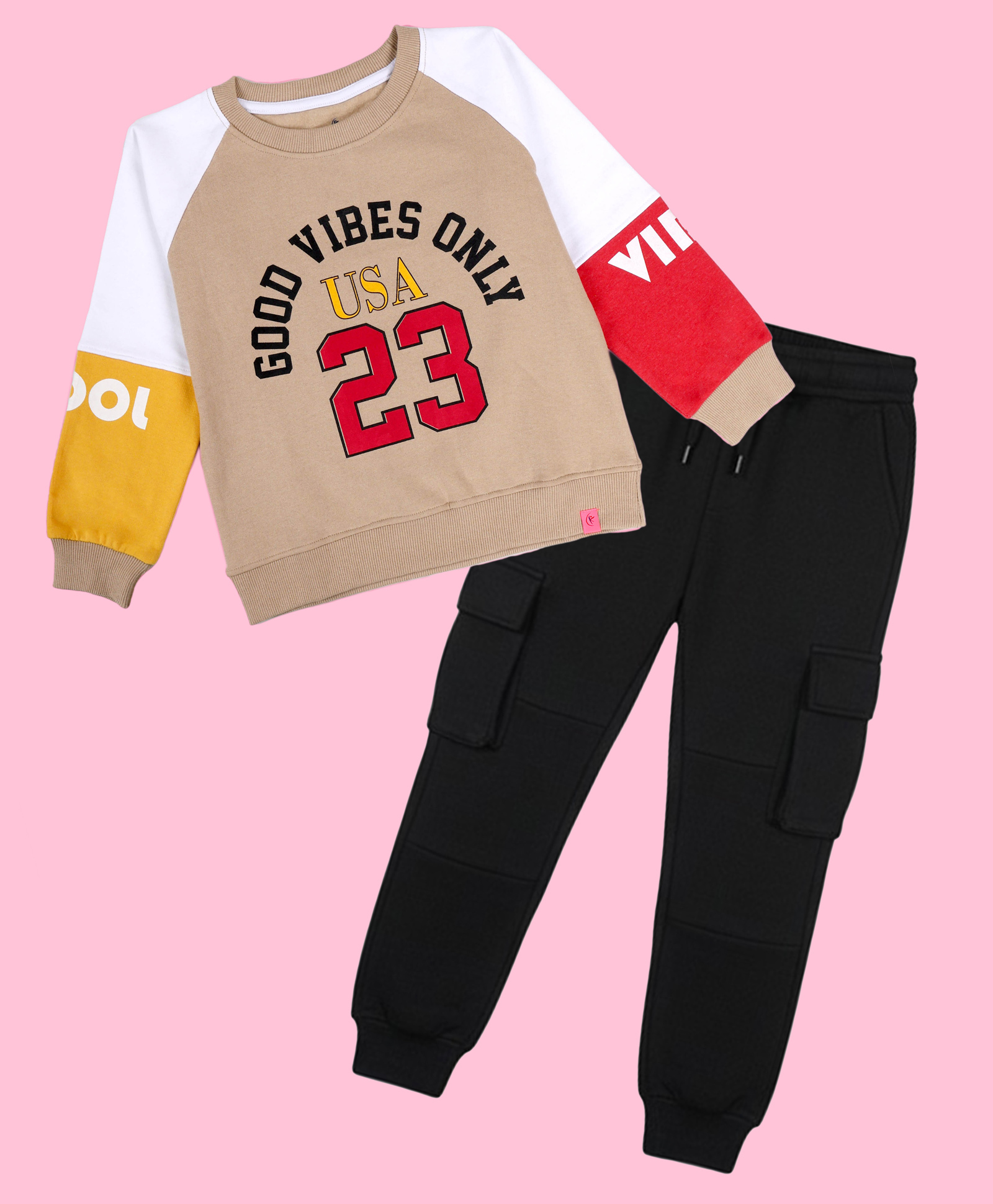 Kiddopanti Fleece Knit Full Raglan Sleeves Good Vibes Only Text Printed Light Winter Sweatshirt With Cargo Pants Set - Beige Yellow Coral & Black-image-3