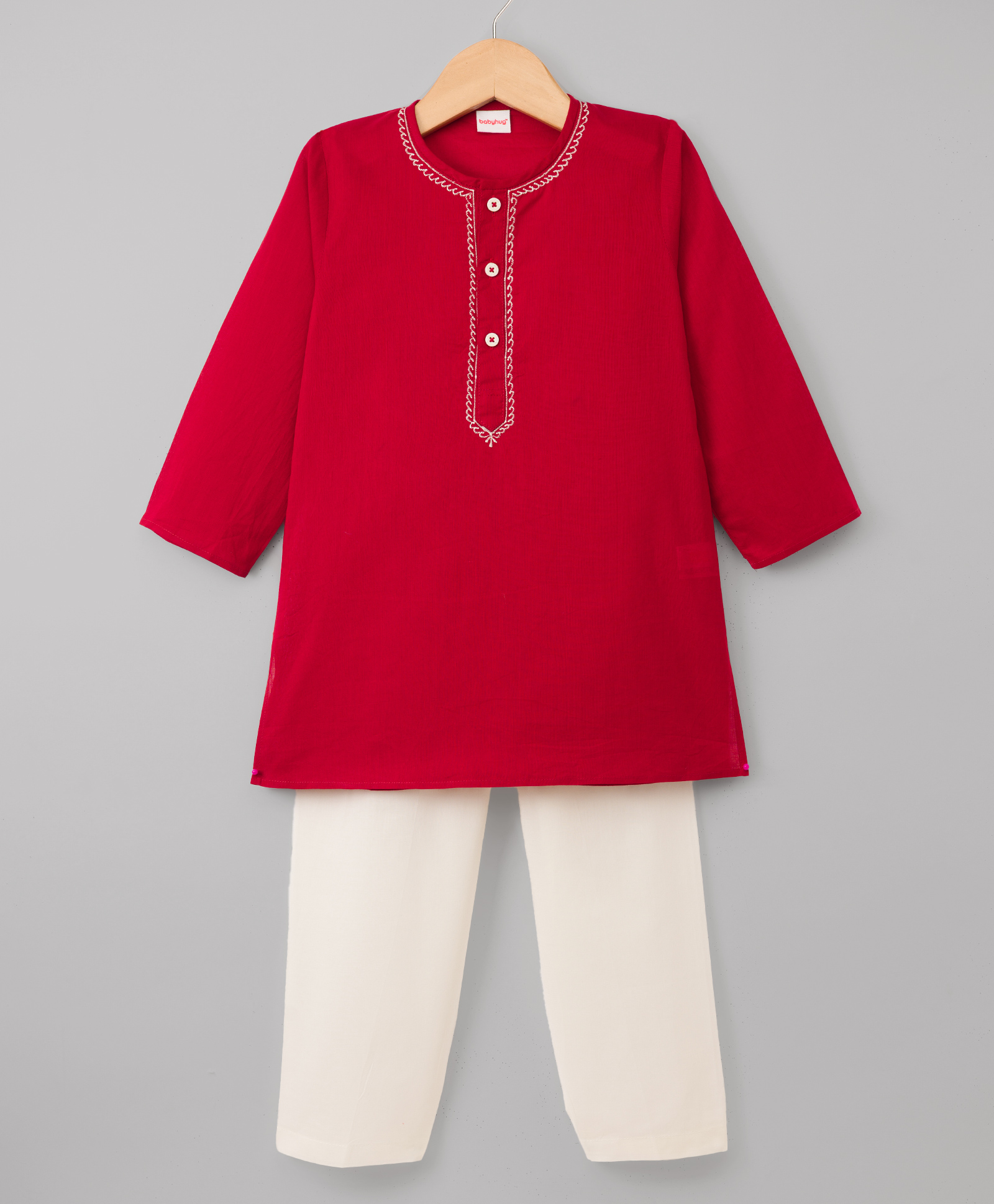 Babyhug Cotton Woven Full Sleeves Solid Colour Kurta Pajama Set With Embriodery Detailing - Red-picture-11