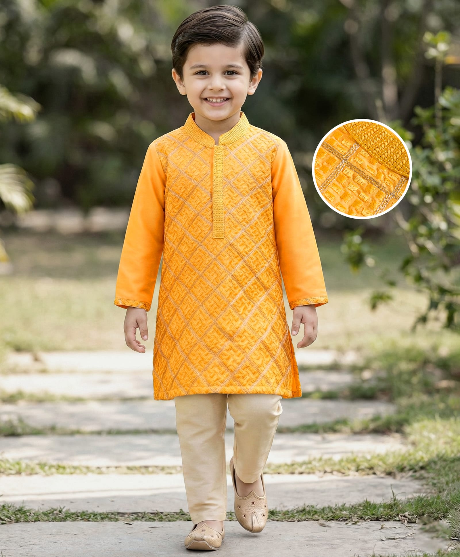 Babyhug Woven Full Sleeves Kurta Pajama Set With Textured Design - Mustard-picture-15