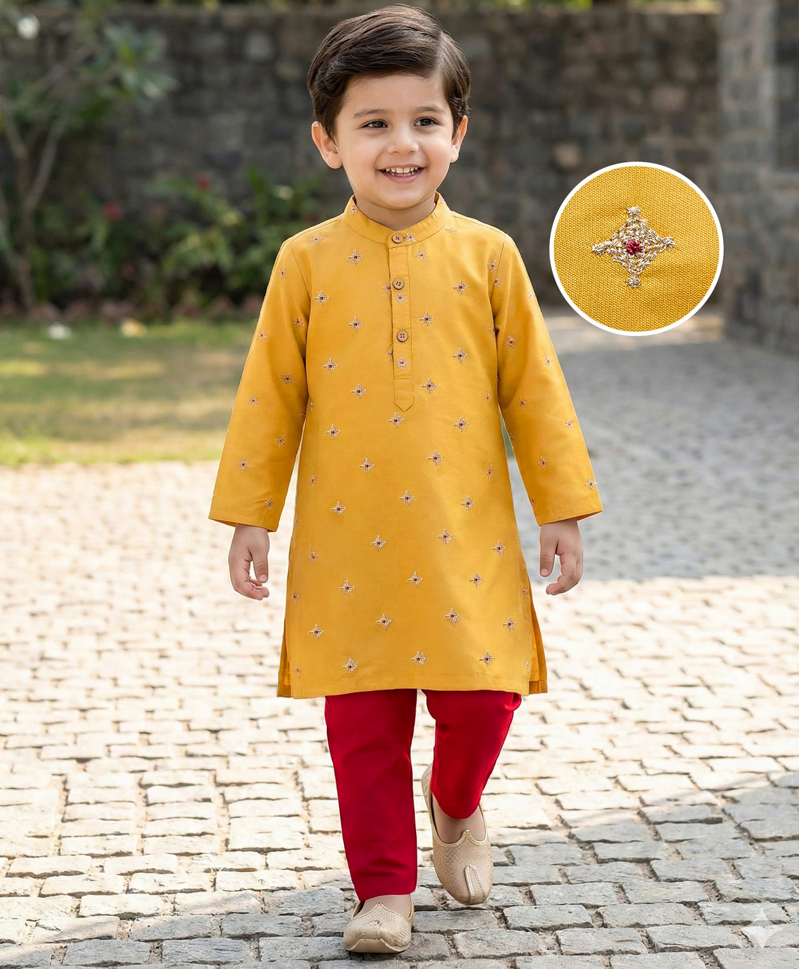 Babyhug Woven Full Sleeves Kurta Pajama Set With Floral Embriodery - Mustard-image-38