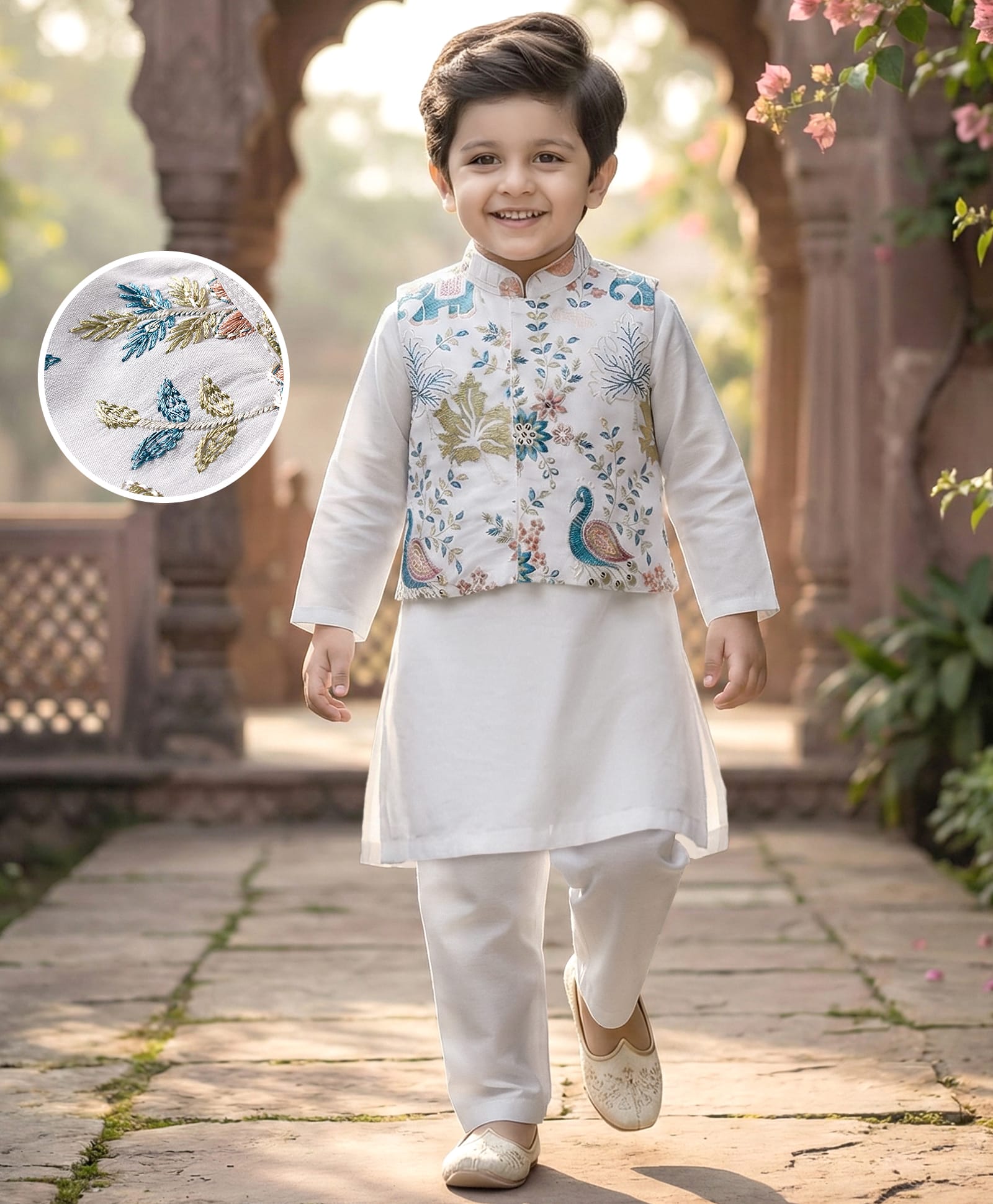 Babyhug Woven Full Sleeves Kurta Pajama Set With Floral Embroidered Jacket - White-image-47