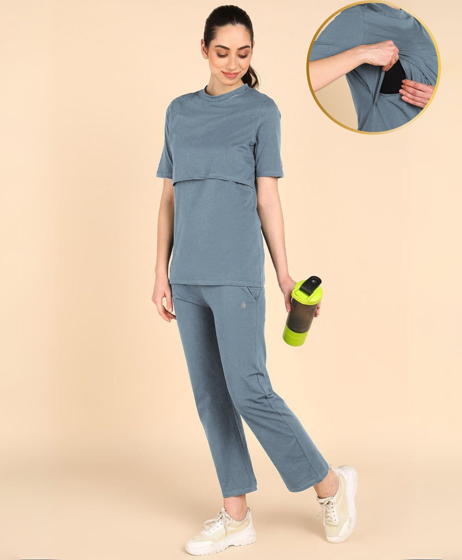 Zelena 95% Cotton 5% Lycra Knit Half Sleeves Solid Maternity Top & Pajama With Two Layer Lift Nursing Access -Medium Blue-picture-26