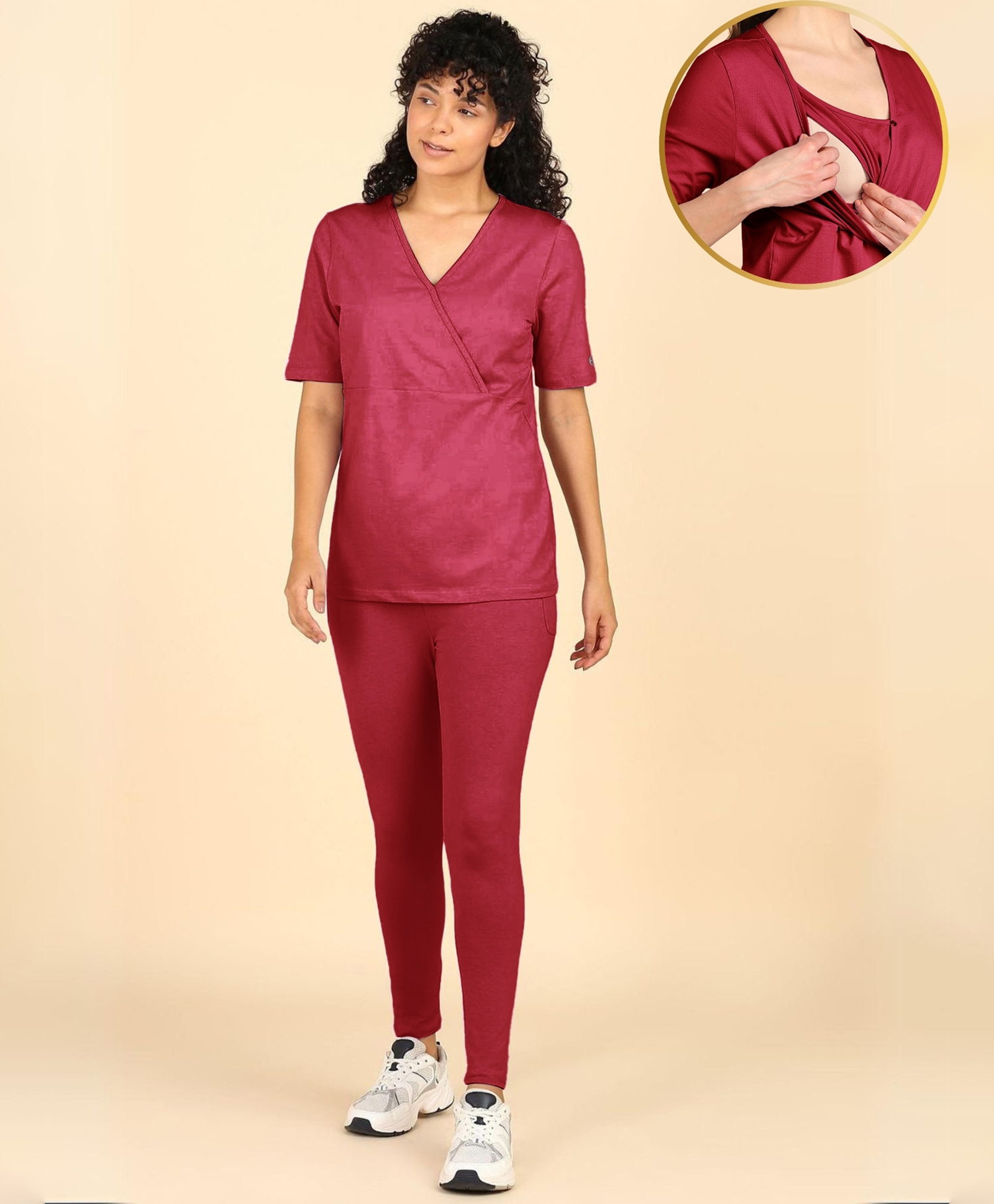Zelena 95% Cotton 5% Elastane Knit Half Sleeves Solid Maternity Top & Leggings With Front Open Nursing Access - Deep Red-picture-27