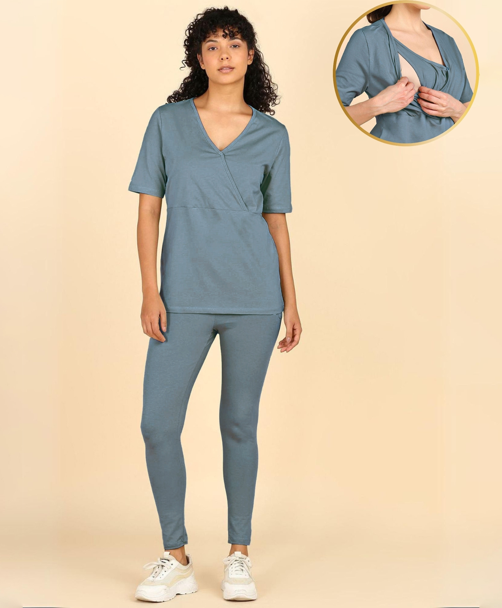 Zelena 95% Cotton 5% Elastane Knit Half Sleeves Solid Maternity Top & Leggings With Front Open Nursing Access - Medium Blue-picture-29
