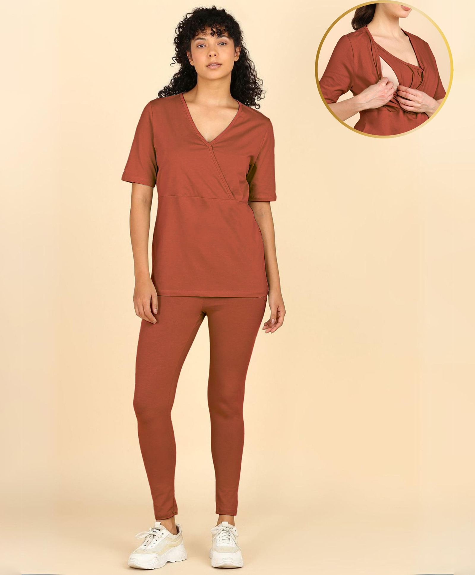 Zelena 95% Cotton 5% Elastane Knit Half Sleeves Solid Maternity Top & Leggings With Front Open Nursing Access - Rust-picture-28