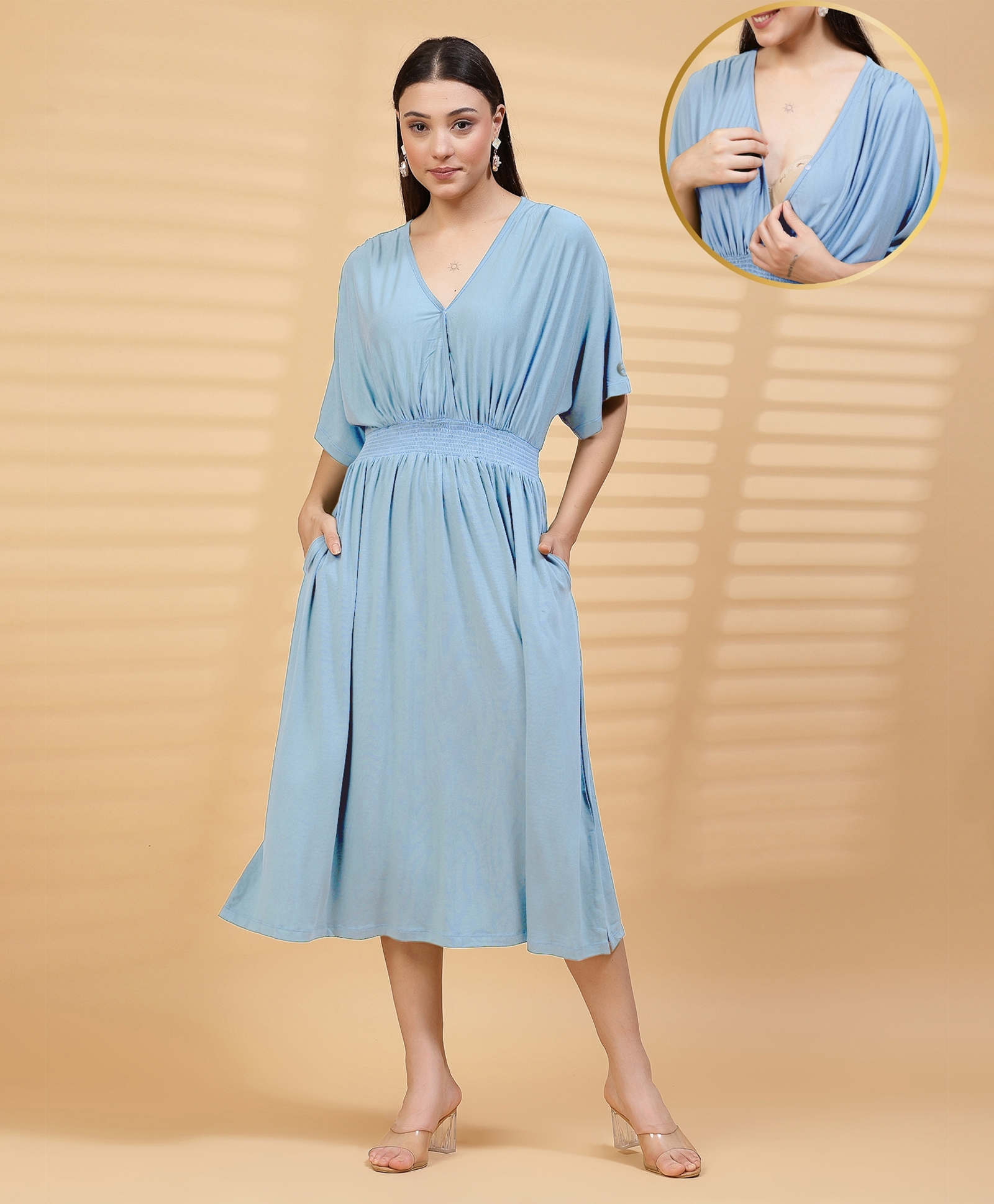 Zelena 95% Viscose 5% Lycra Knit Half Sleeves Solid Maternity Dress With Front Open Nursing Access - Ice Blue-picture-23