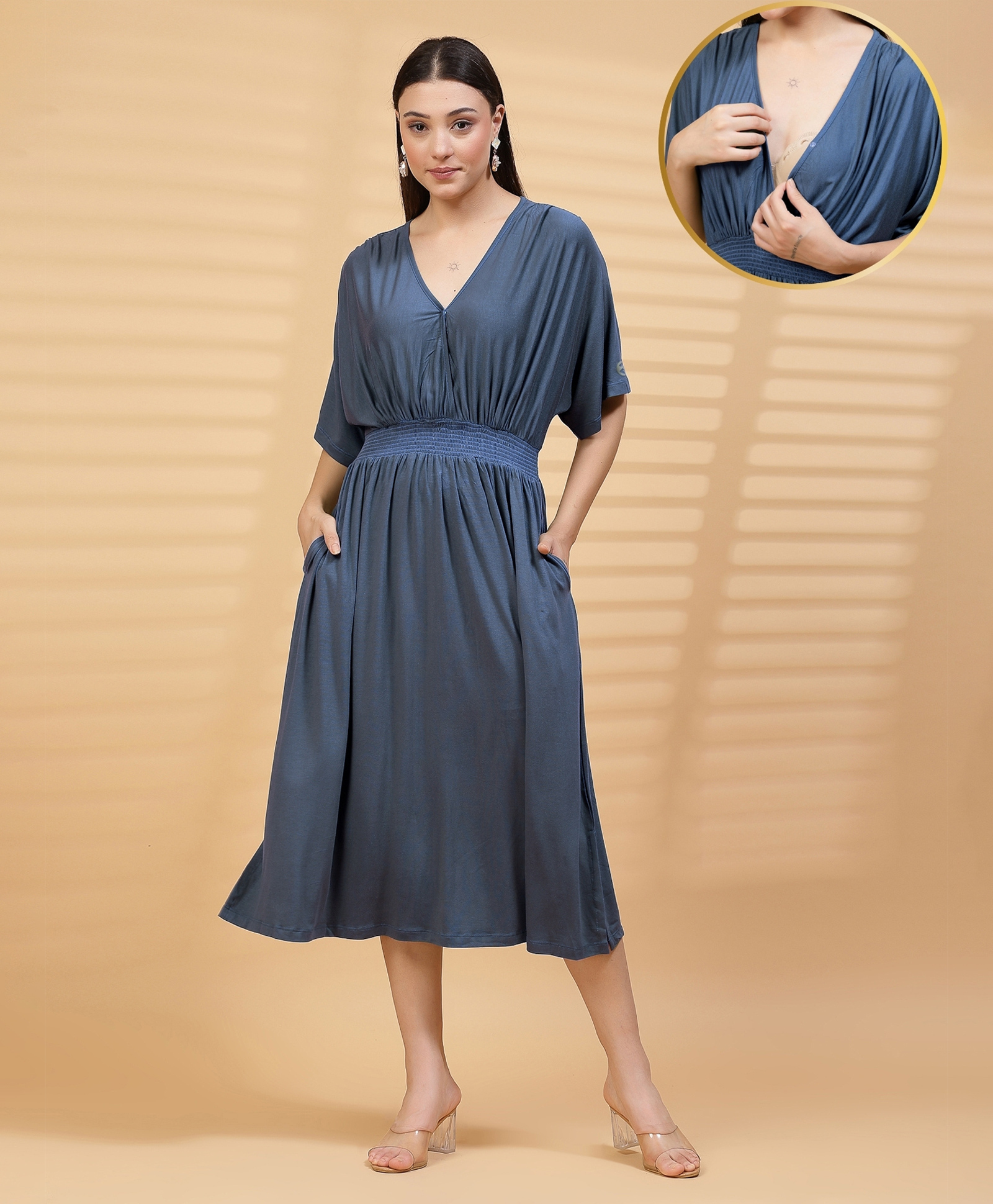 Zelena 95% Viscose 5% Lycra Knit Half Sleeves Solid Maternity Dress With Front Open Nursing Access - Denim Blue-picture-24