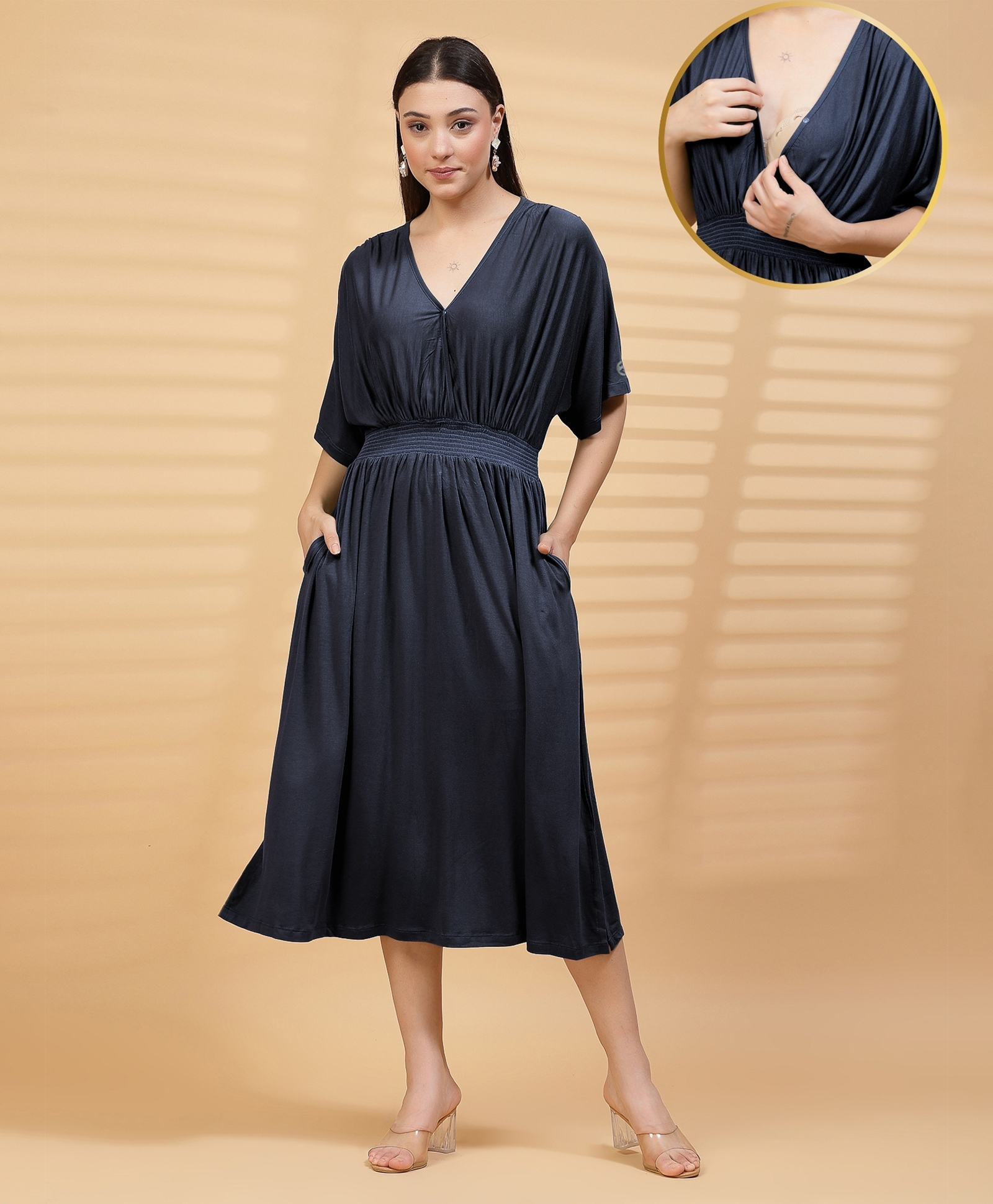 Zelena 95% Viscose 5% Lycra Knit Half Sleeves Solid Maternity Dress With Front Open Nursing Access - Navy Blue-picture-25