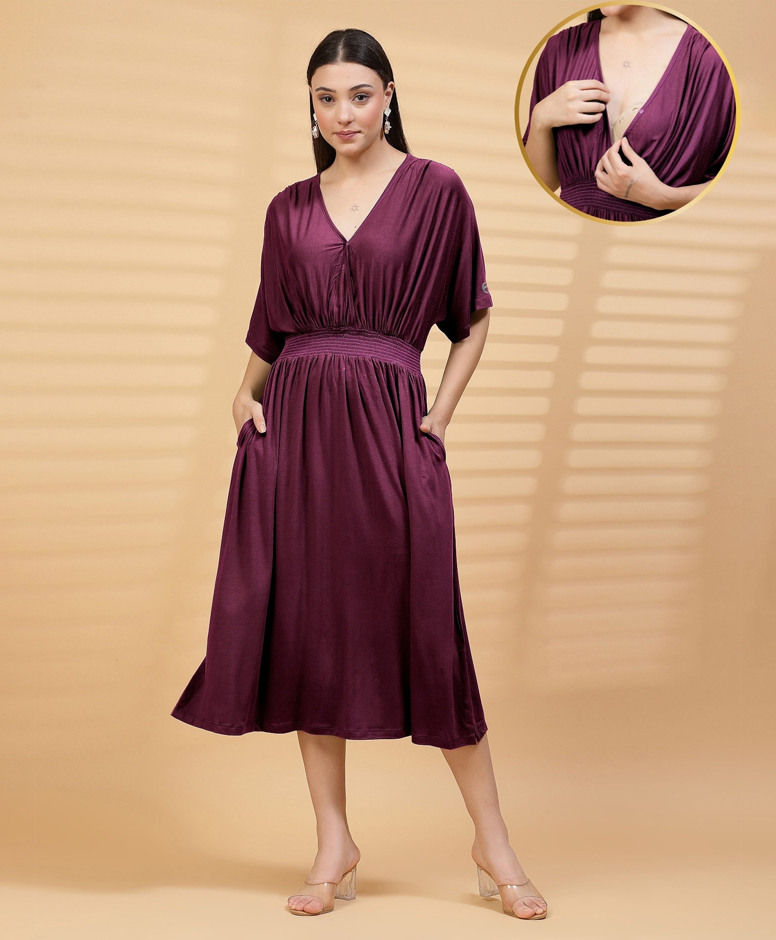 Zelena 95% Viscose 5% Lycra Knit Half Sleeves Solid Maternity Dress With Front Open Nursing Access - Deep Red-picture-30