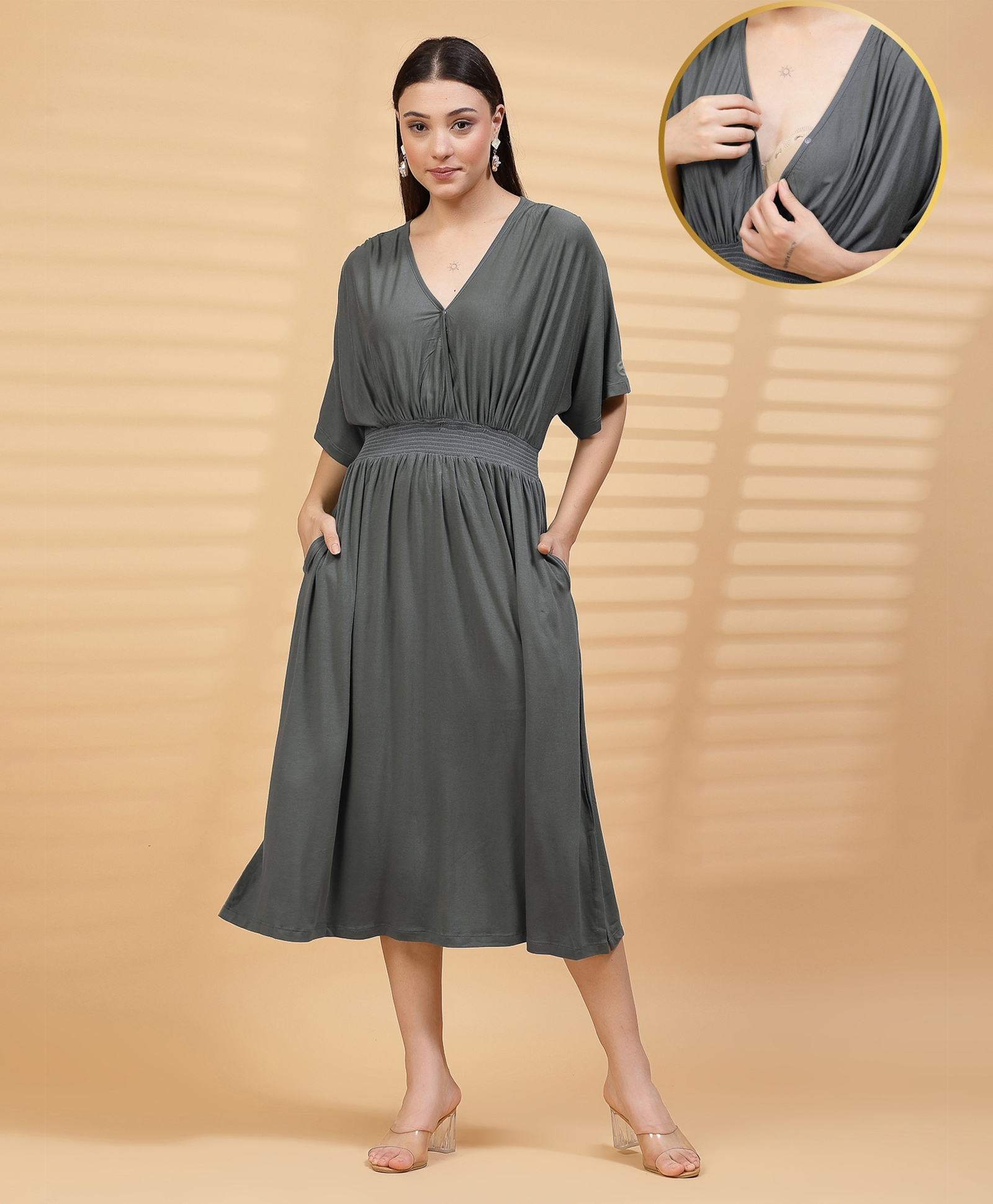 Zelena 95% Viscose 5% Lycra Knit Half Sleeves Solid Maternity Dress With Front Open Nursing Access - Charcoal Grey-picture-11